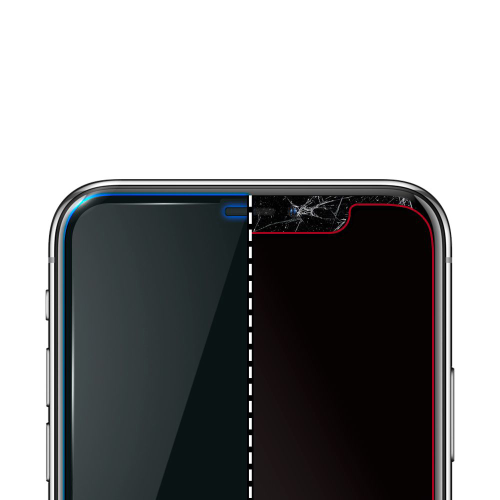 Een smartphone scherm in tweeën. Linkerkant intact, rechts gebarsten. Een beschermfolie is aangebracht.
