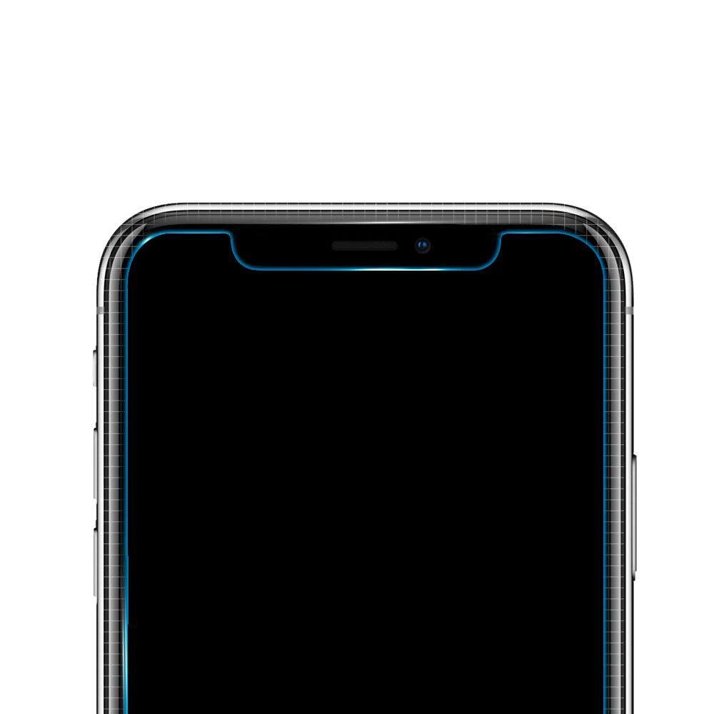 Close-up van een smartphonescherm. Het scherm is zwart met een blauwe omtrek en een camera aan de bovenkant. Witte achtergrond.