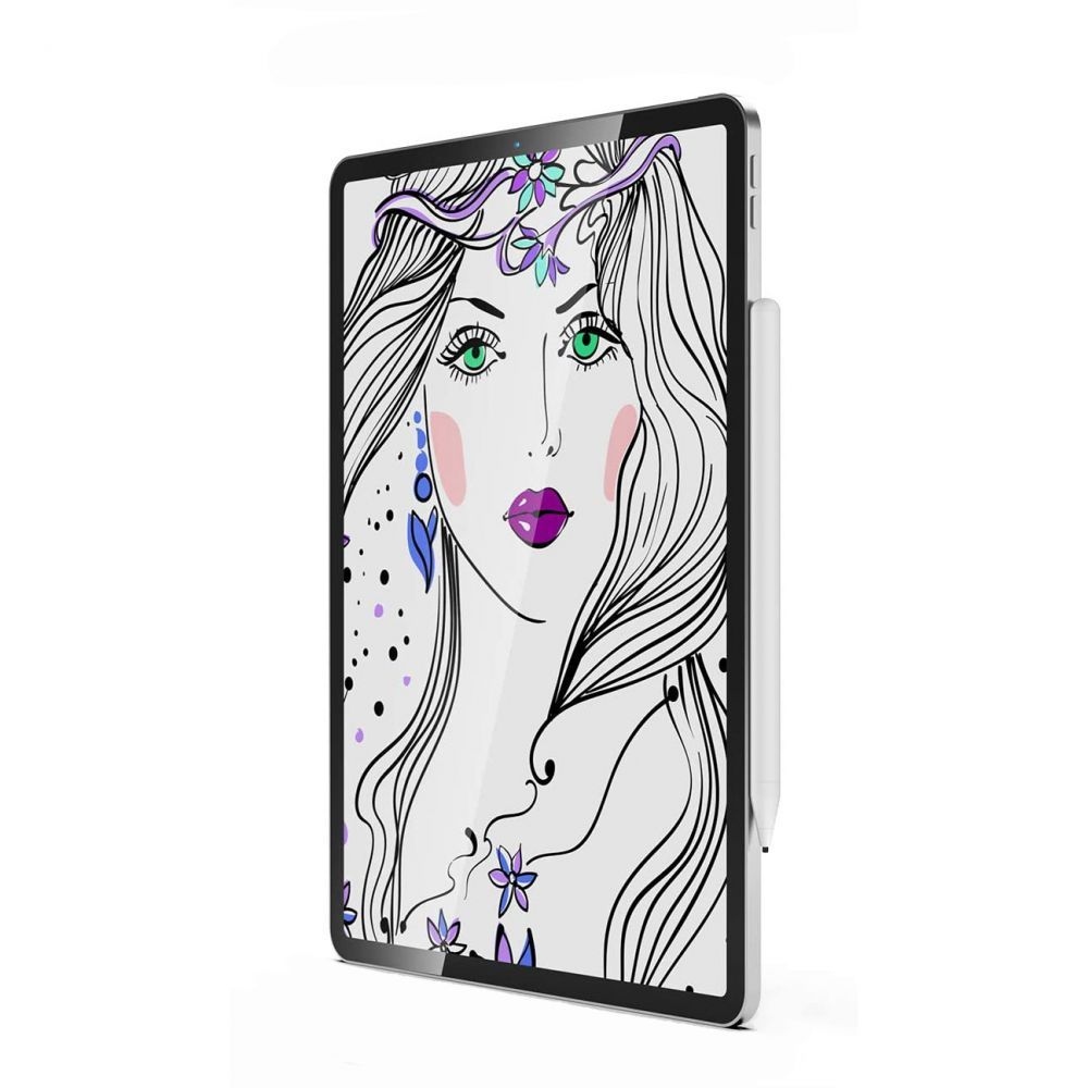 Tablet mit Frauengesicht, langen Haaren, Blumenkranz und lila Lippenstift. Ein Stift ist an der Seite befestigt.
