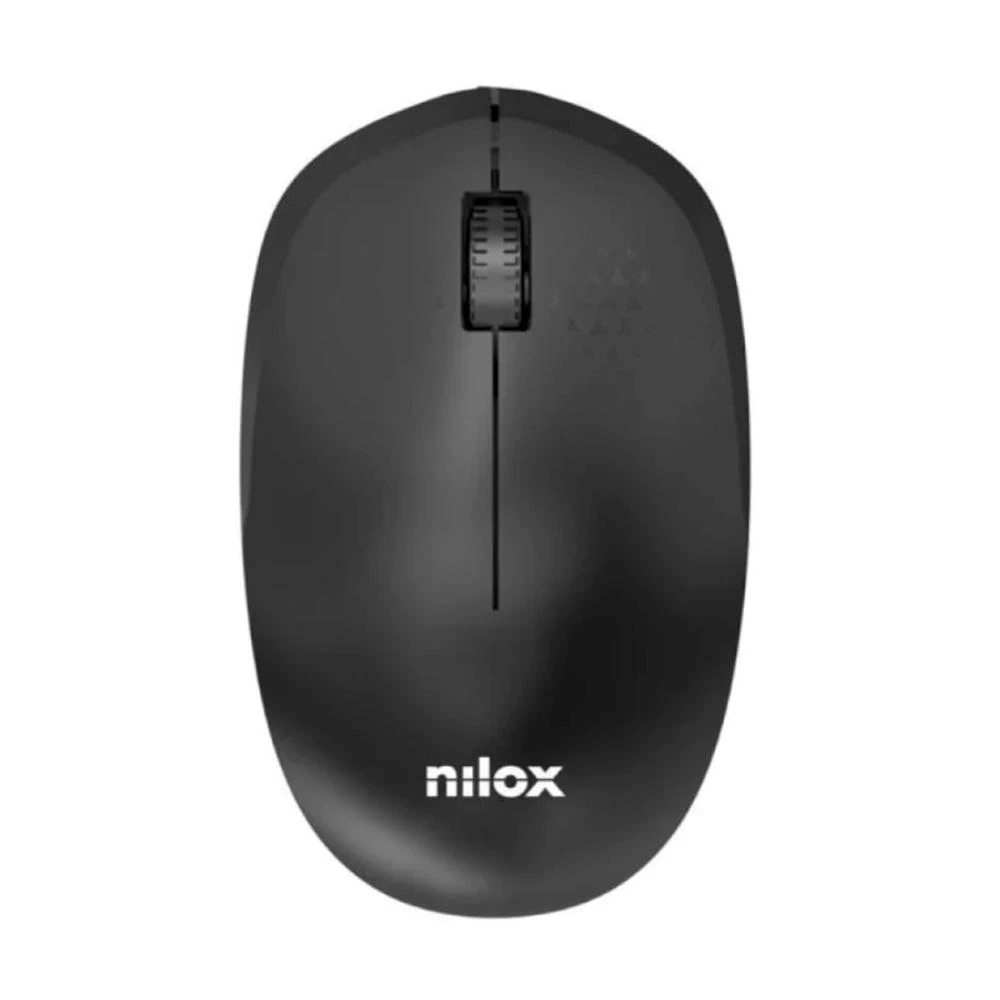 Un mouse per computer nero con il marchio 'nilox' in basso. Il mouse ha una rotella di scorrimento e una lunga linea.