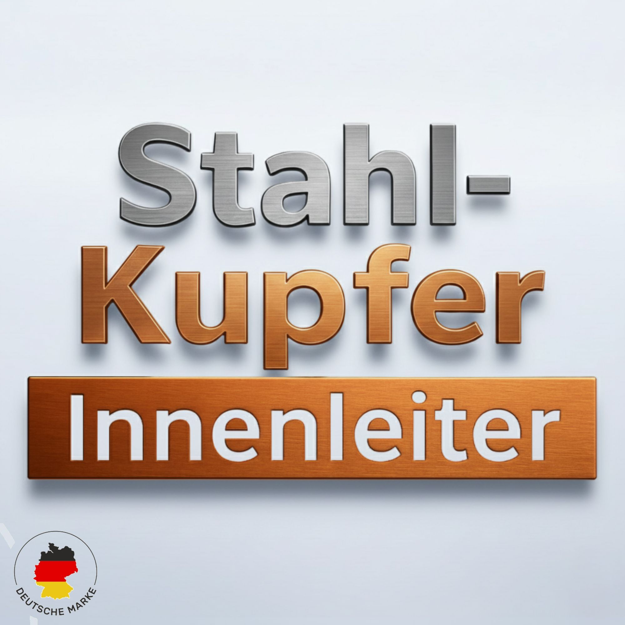 Logo mit 'Stahl-Kupfer Innenleiter' in 3D. Deutsches Flaggenlogo unten links. Weißer Hintergrund.