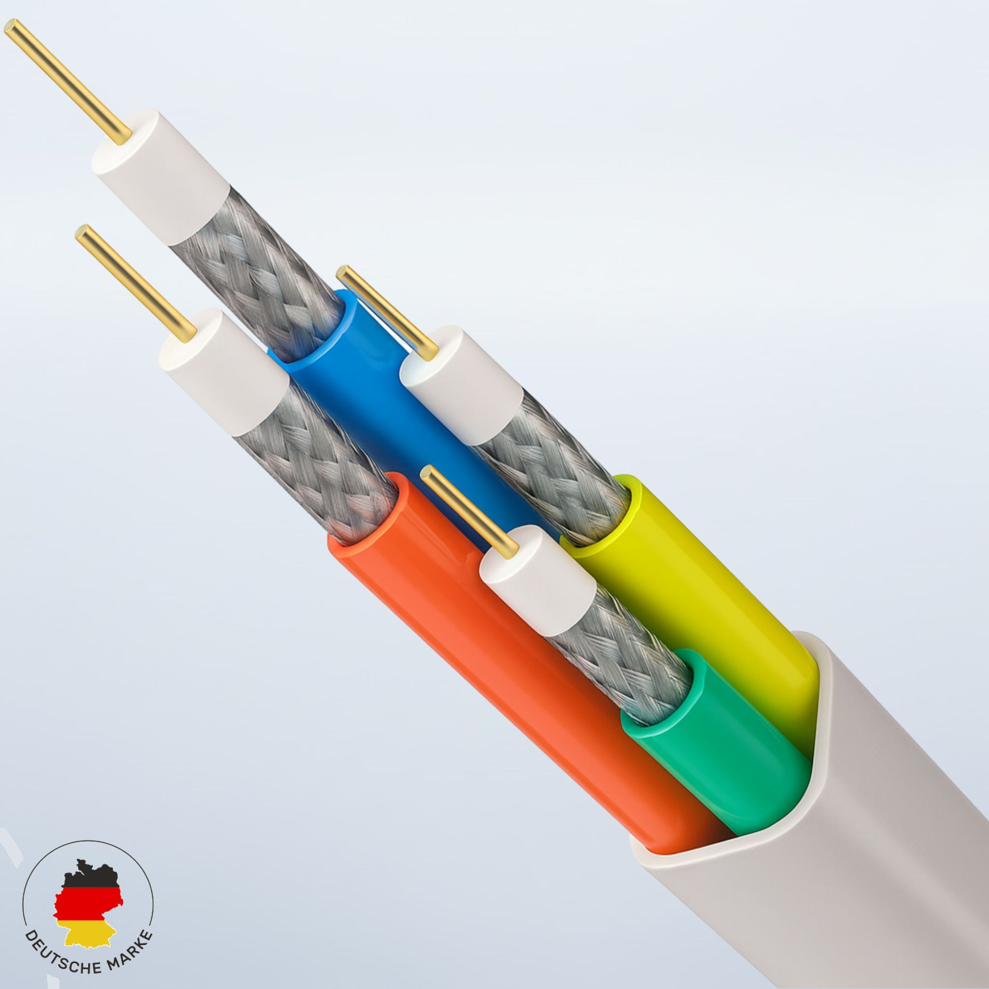 Koaxialkabel in verschiedenen Farben. Die Drähte sind orange, blau, grün und gelb. Die Kabel befinden sich in einem weißen Kanal.