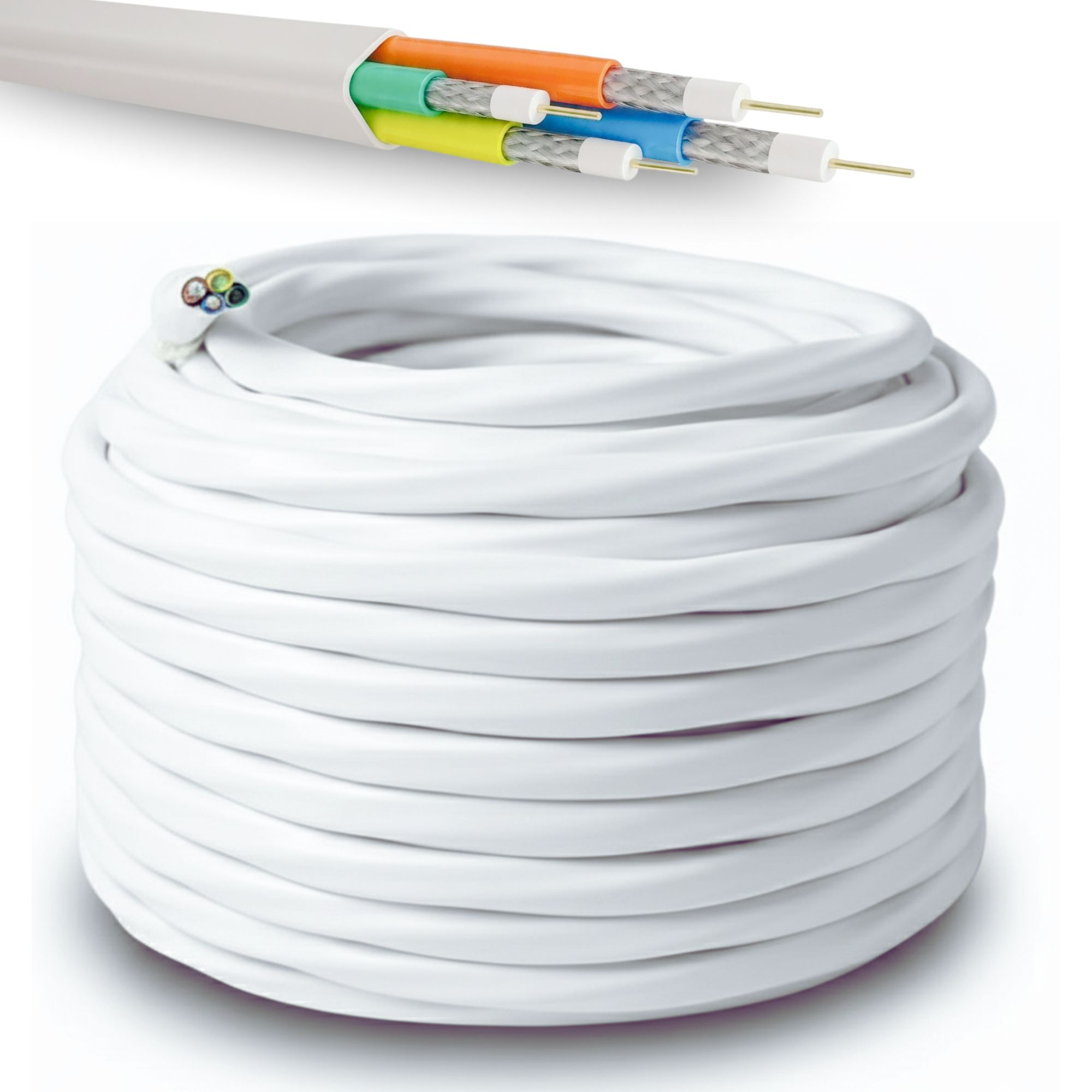 Weißes aufgerolltes Kabel. Oben ist das Kabel geschnitten, wodurch orange, grüne, gelbe und blaue Innenleiter sichtbar werden.