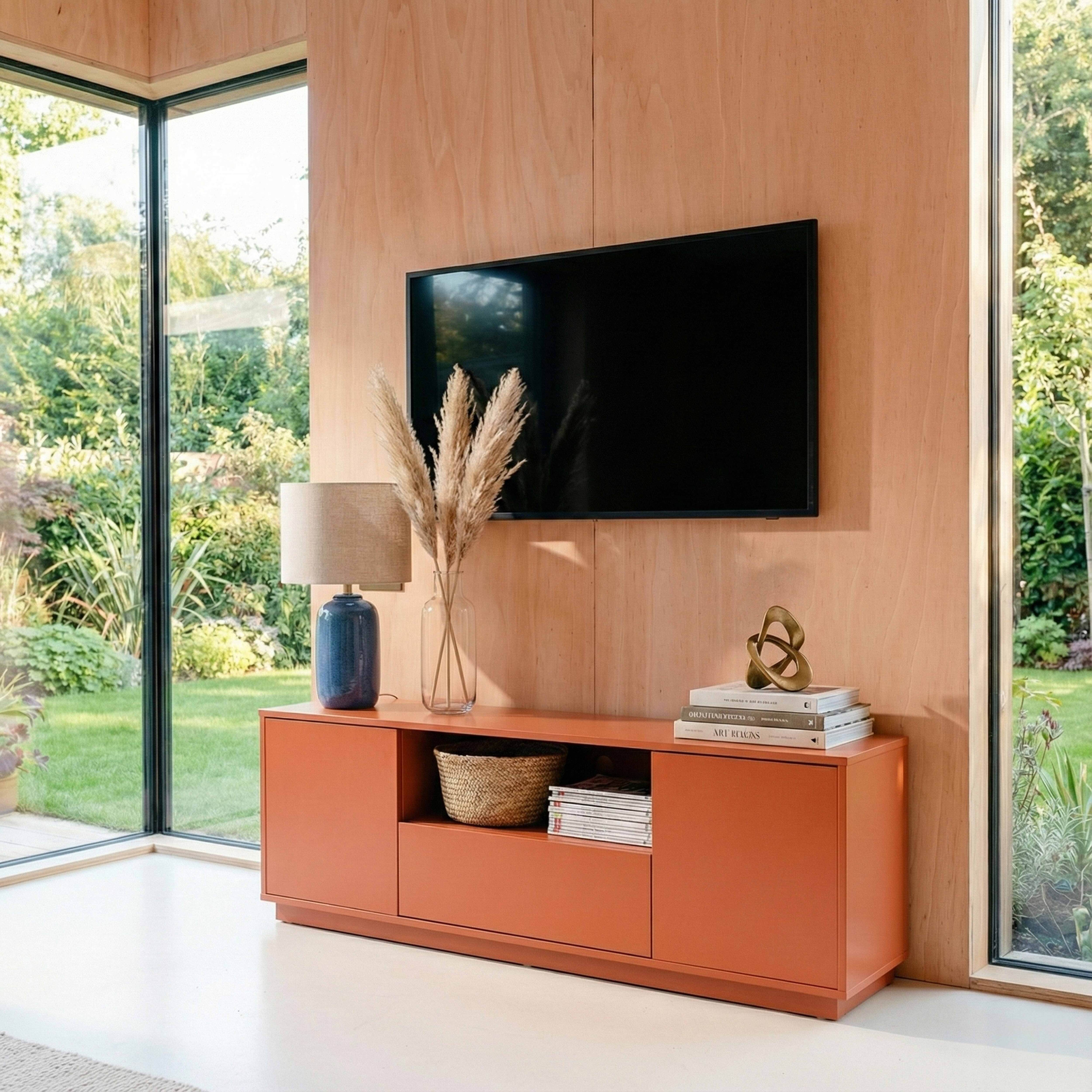 Wohnzimmer mit orangefarbenem Schrank, Fernseher, Lampe, Vase und Büchern. Großes Fenster zeigt Garten.