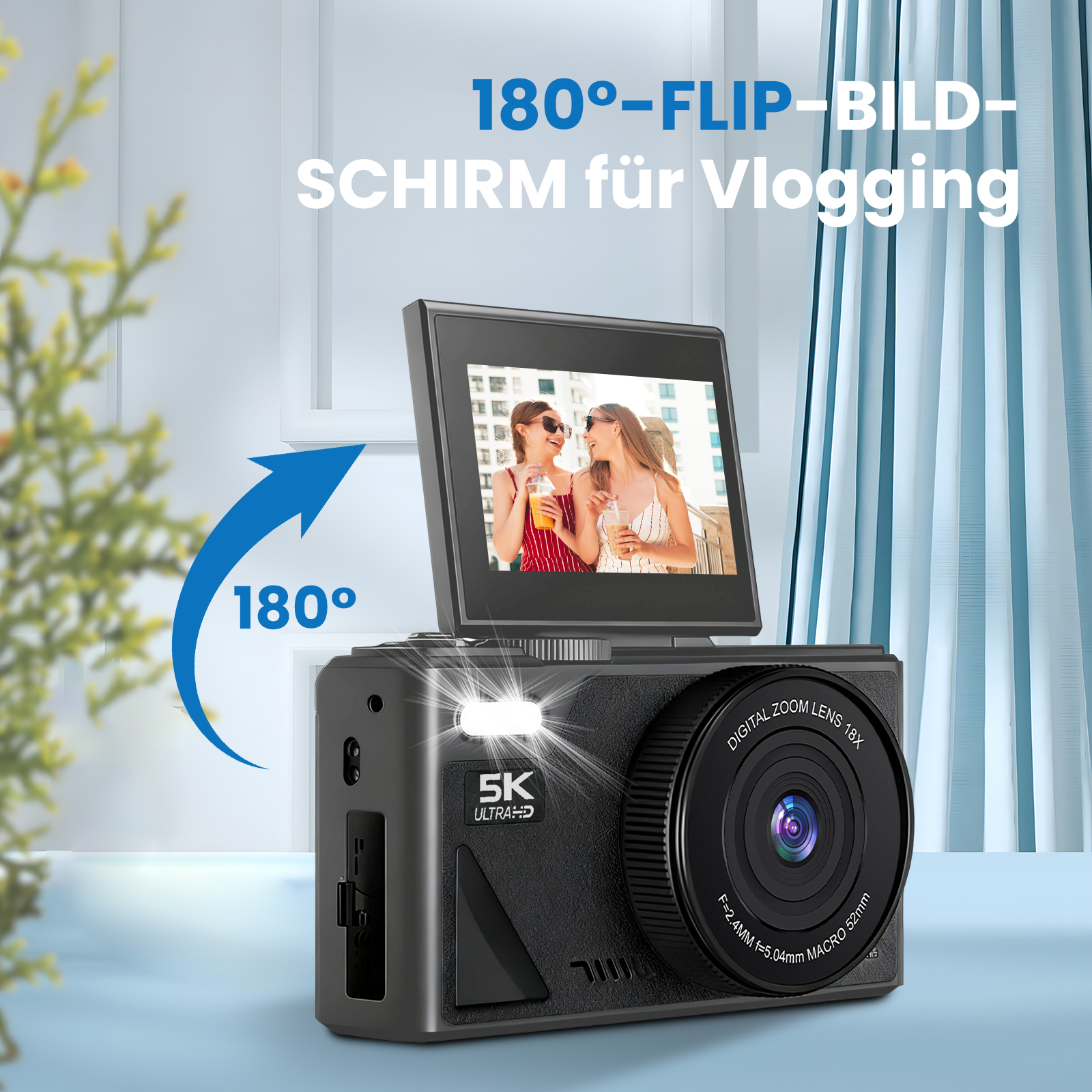 Schwarze Kamera mit Klappbildschirm zeigt zwei Frauen. Text: 180° Klappbildschirm.
