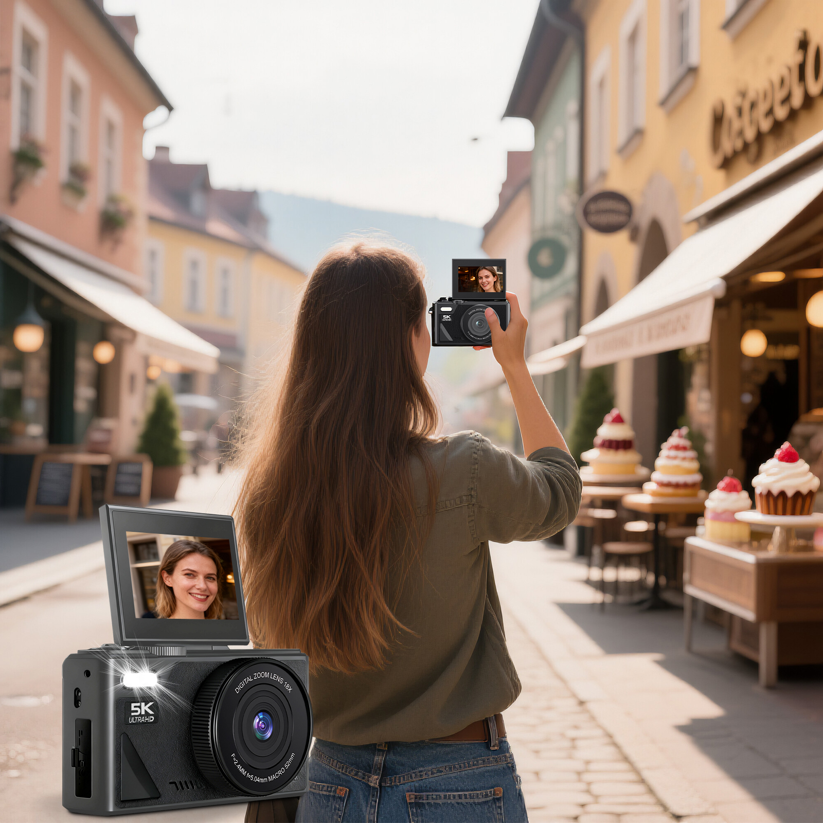 Eine Frau fotografiert mit einer Digitalkamera. Eine Bäckerei mit Kuchen ist hinter ihr. Die Kamera zeigt das Gesicht einer Frau.