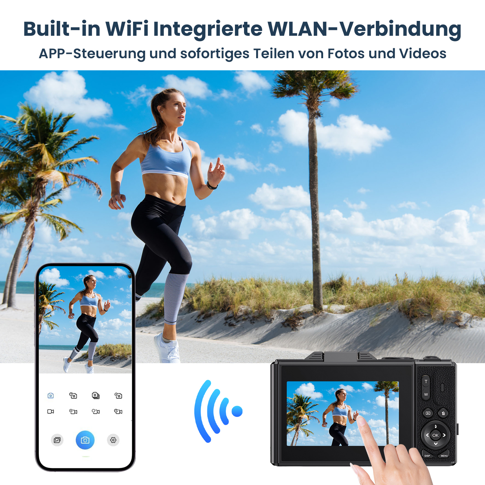 Eine Frau joggt am Strand. Telefon und Kamera zeigen das gleiche Bild. Wifi-Symbol ist vorhanden.