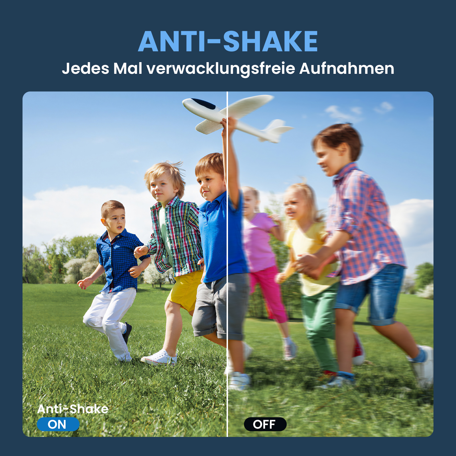 Kinder rennen auf Gras, eines hält ein Spielzeugflugzeug. Anti-Shake-Effekt-Vergleich: An (klar) vs. Aus (verschwommen).