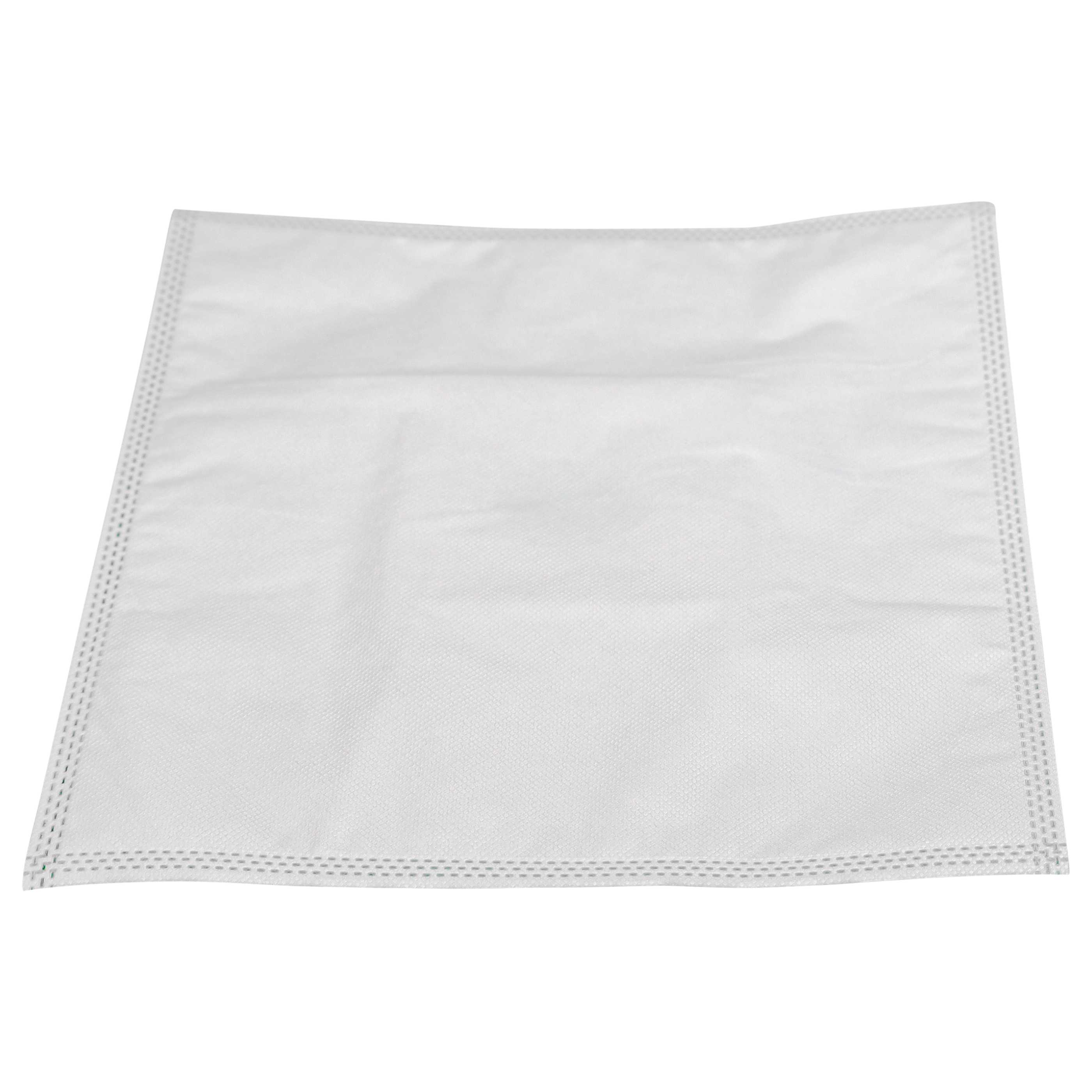 Eine weiße, quadratische Tasche aus Vliesstoff vor weißem Hintergrund mit genähtem Rand.