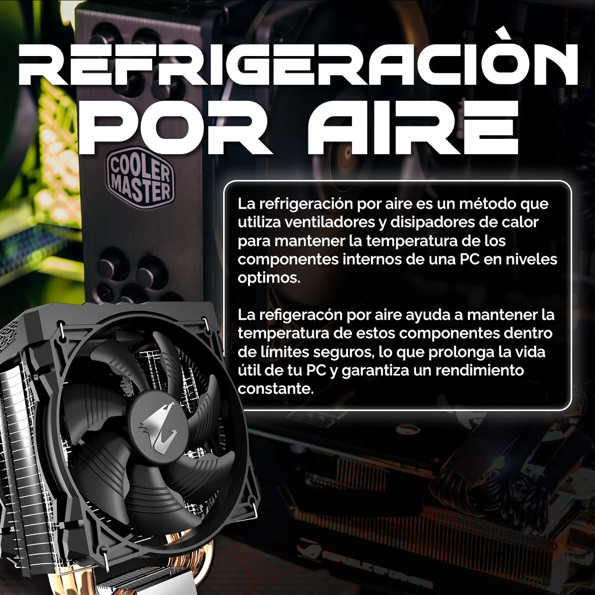Un dissipatore per computer con ventola nera e dissipatore di calore. Testo: 'REFRIGERACION POR AIRE'. Testo bianco su sfondo nero.