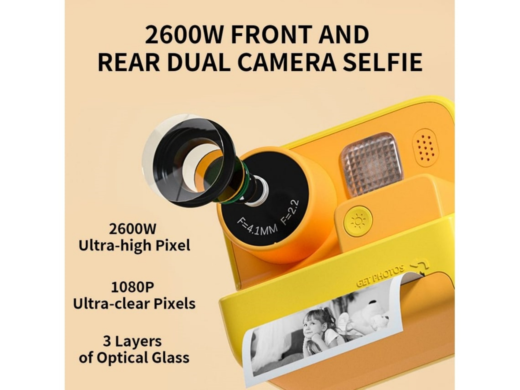 Eine orangefarbene und gelbe Kamera mit schwarzem Objektiv, auf der die Worte '2600W Front- und Rückseiten-Dualkamera-Selfie' stehen.