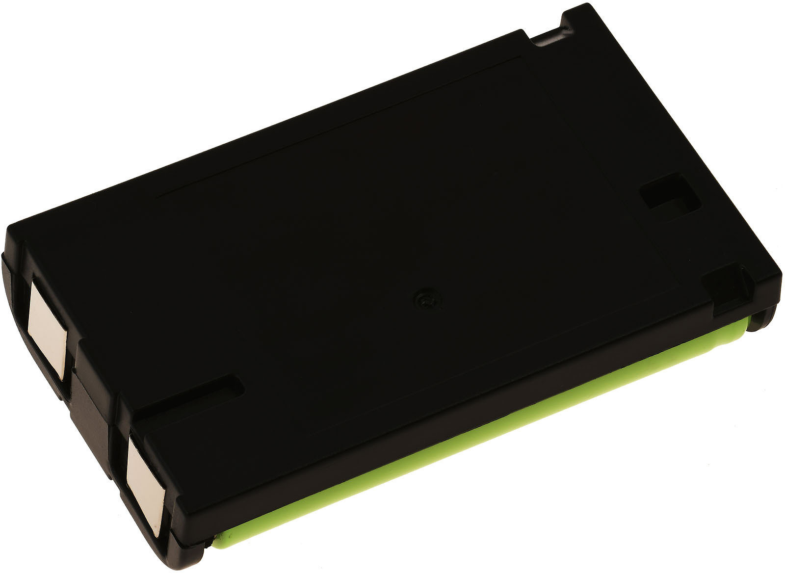 Un objeto negro rectangular con un lado verde. Dos rectángulos blancos en un lado. El fondo es blanco.