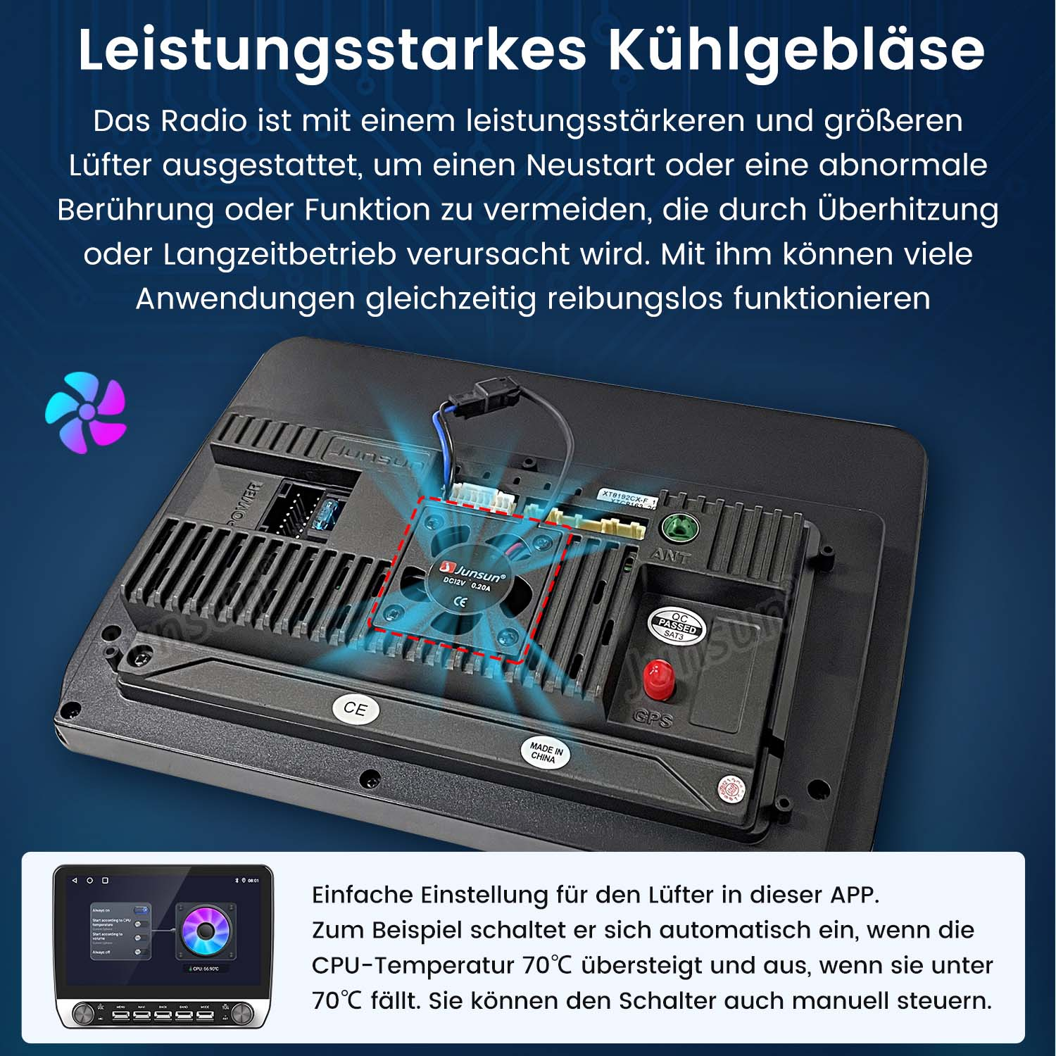 Autoradio mit starkem Lüfter. Der Bildschirm zeigt die CPU-Temperatur. Texte sind auf Deutsch.