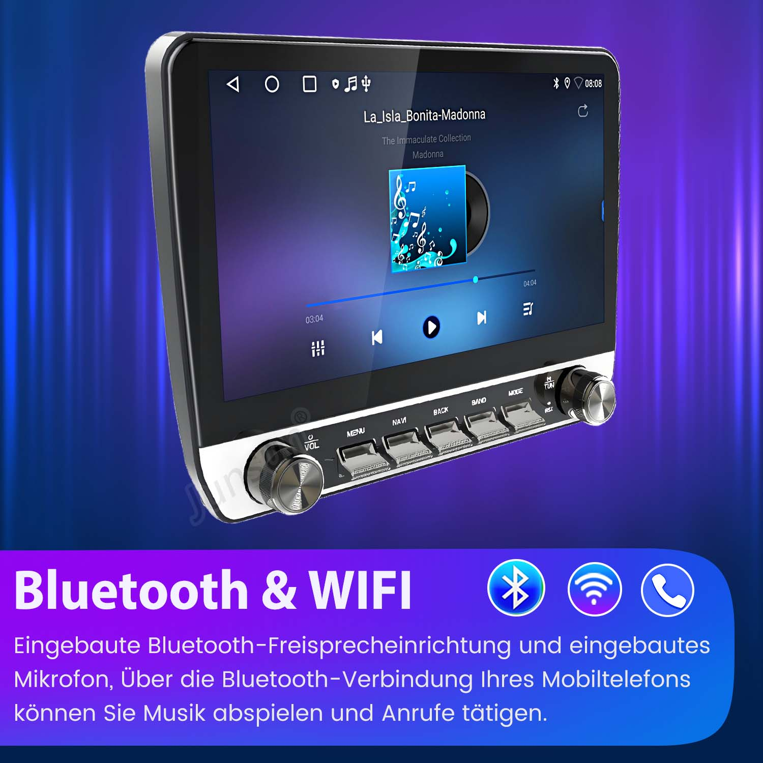 Radio samochodowe z ekranem wyświetlającym piosenkę. Widoczne przyciski głośności, menu i innych funkcji. Ekran pokazuje Bluetooth i WiFi.