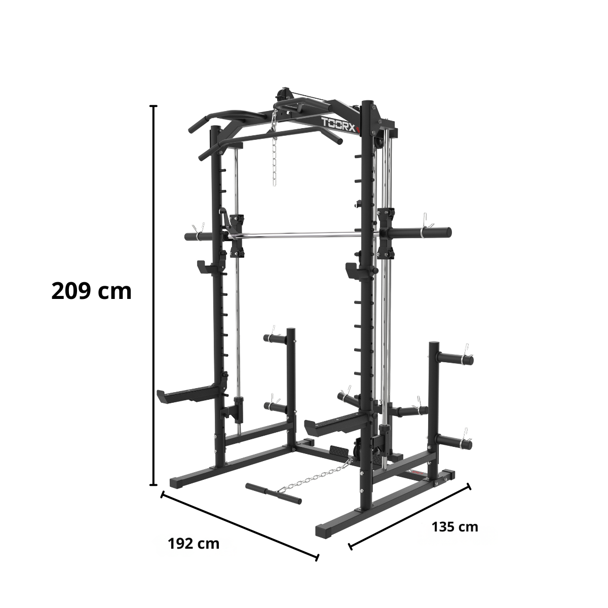 Schwarze und silberne Gewichtsmaschine. Zeigt Abmessungen: 209 cm Höhe, 192 cm Breite und 135 cm Tiefe. Enthält Klimmzugstange und Gewichtsstützen.