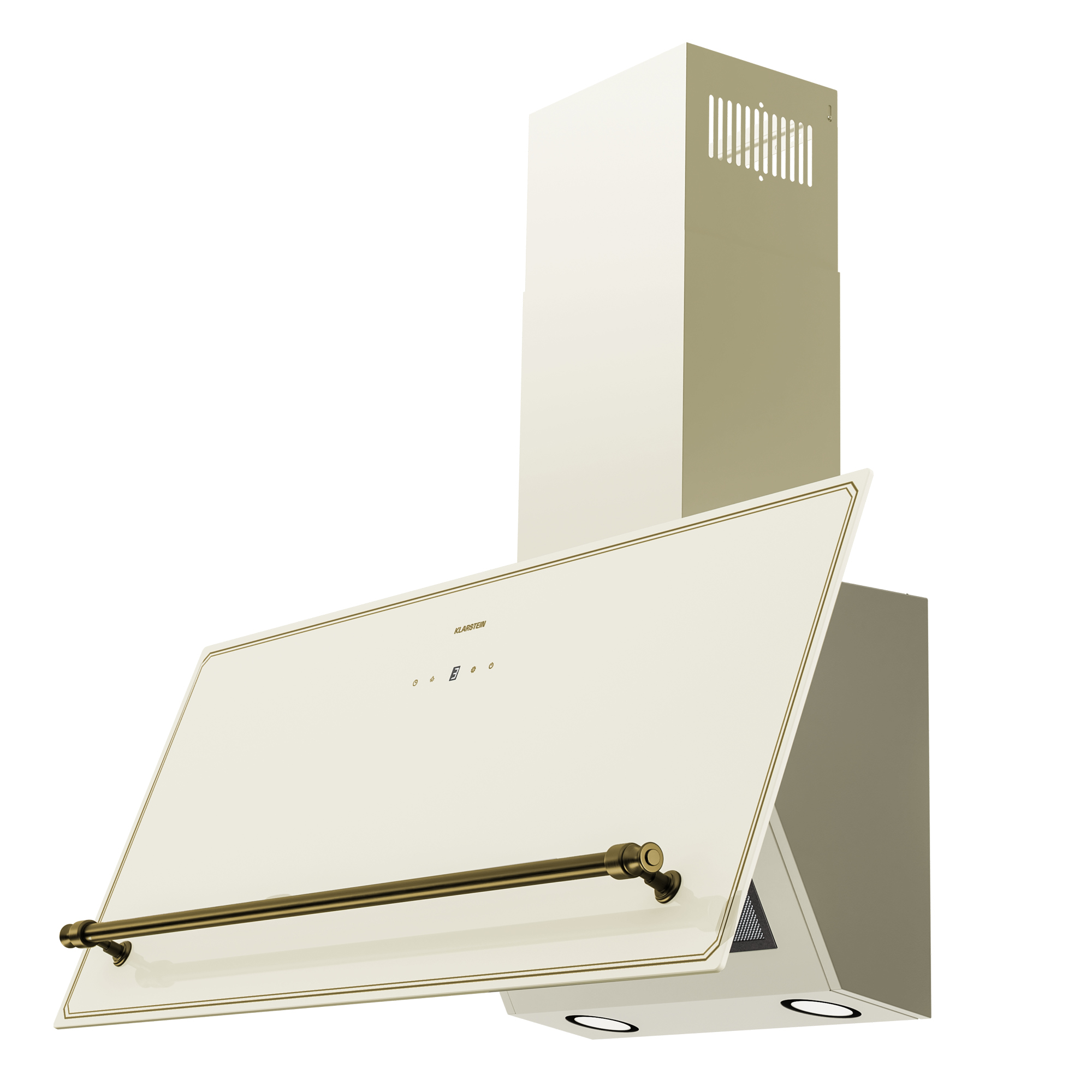 Campana extractora crema y dorada. Cuenta con un panel frontal y un asa. Tiene una ventilación y un panel de control. Sobre fondo blanco.