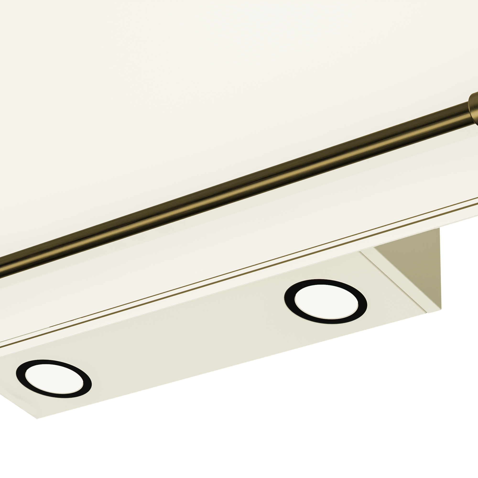 Techo crema con barra bronce. Dos luces empotradas con anillos negros visibles en panel crema.