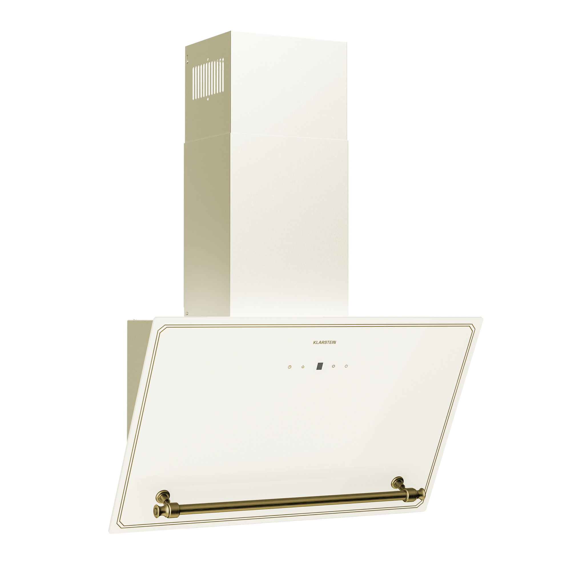 Campana extractora crema con ribetes y asa dorados. Presenta la marca Klarstein y un panel de control.