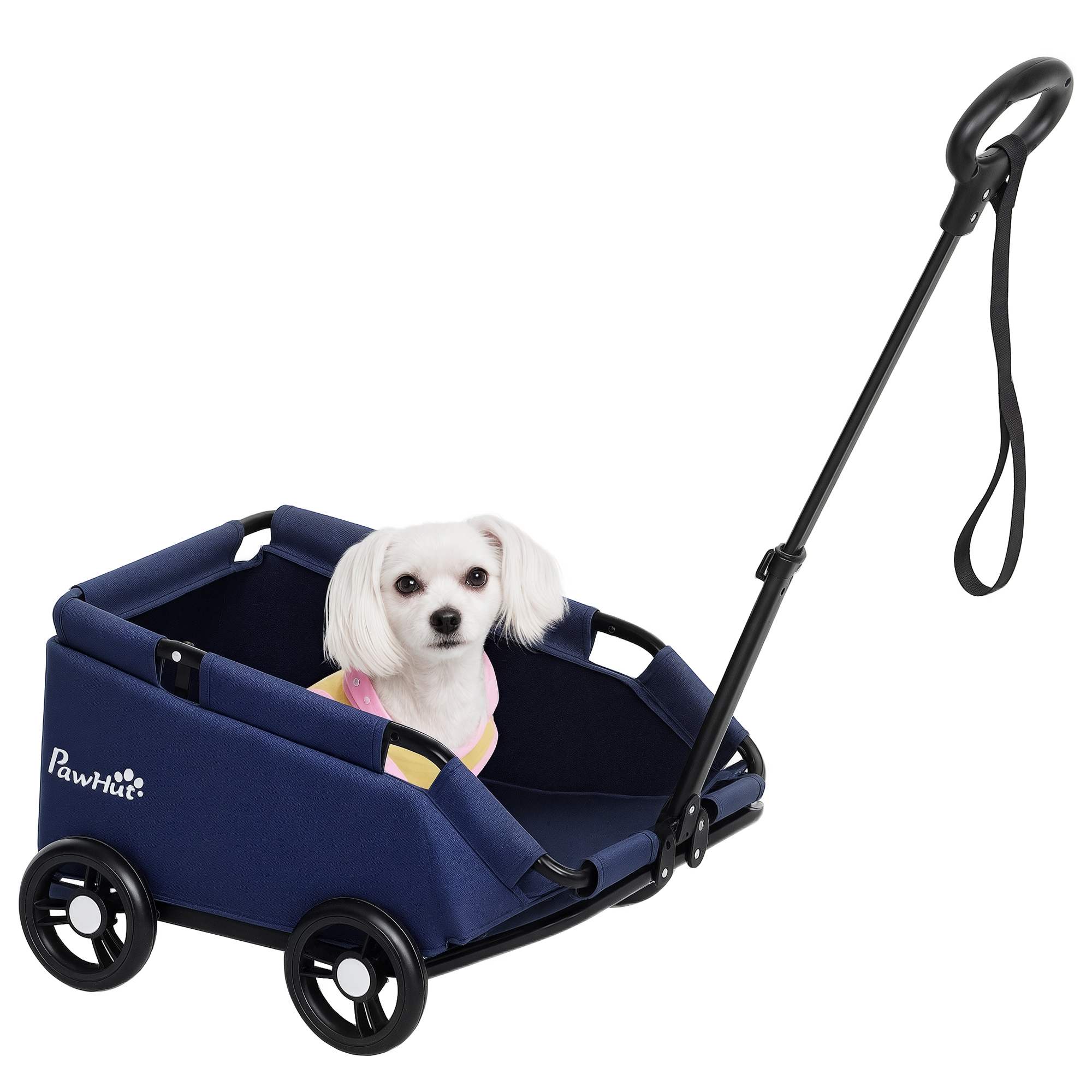Un cane bianco con una camicia rosa è seduto in un passeggino blu per animali PawHut con manico e ruote nere su sfondo bianco.