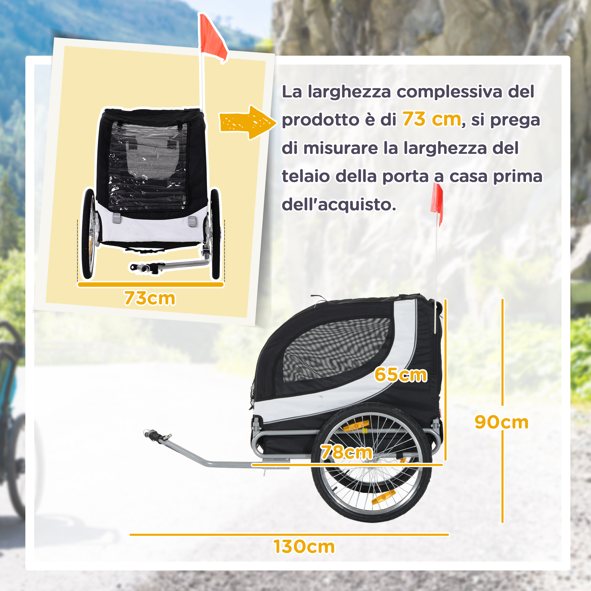 Un rimorchio per biciclette con dimensioni etichettate. Tessuto bianco e nero, bandiere rosse e telaio in metallo.
