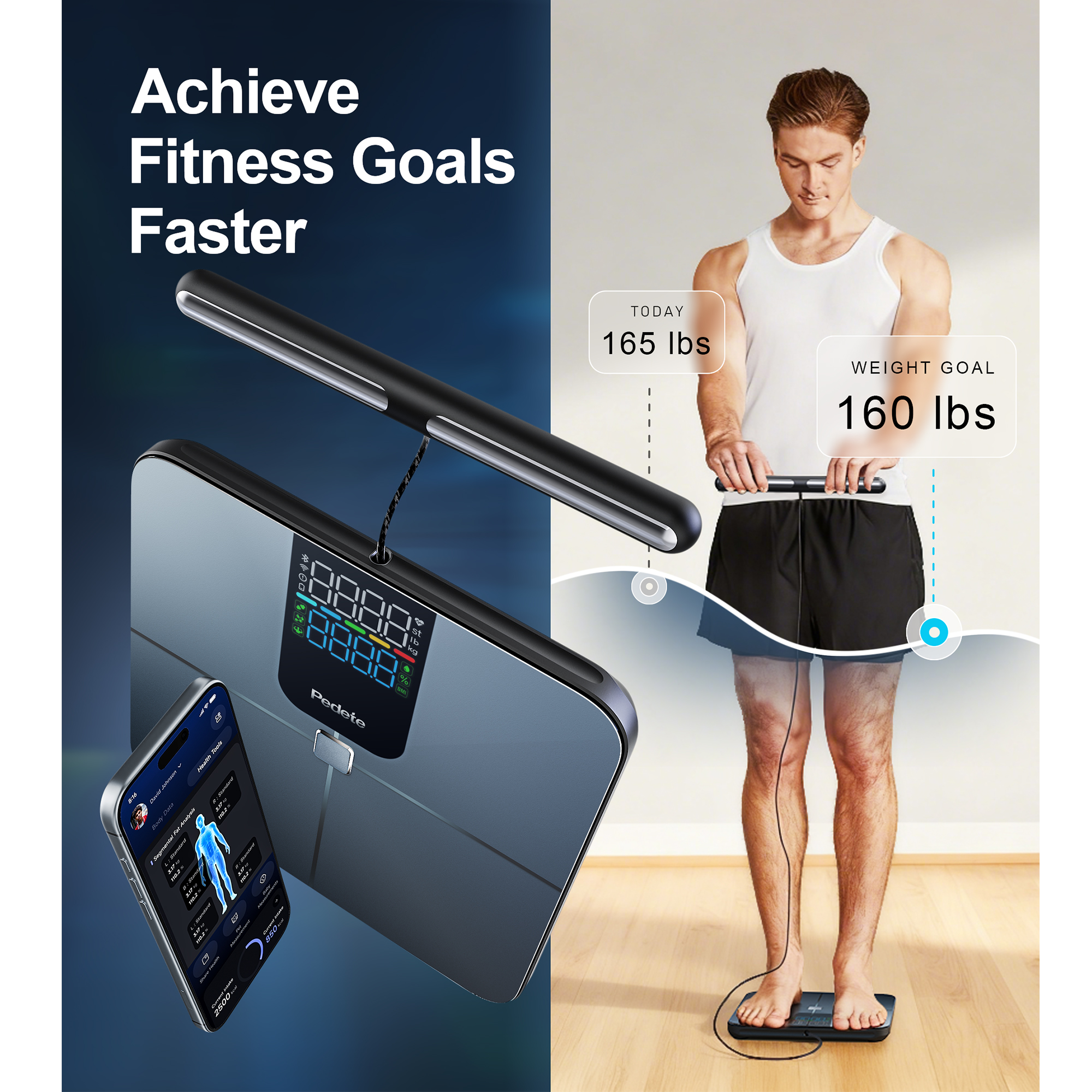 Mann steht auf einer Waage, misst Gewicht. Telefon zeigt Gesundheitsdaten. Text: Erreichen Sie Fitnessziele schneller.