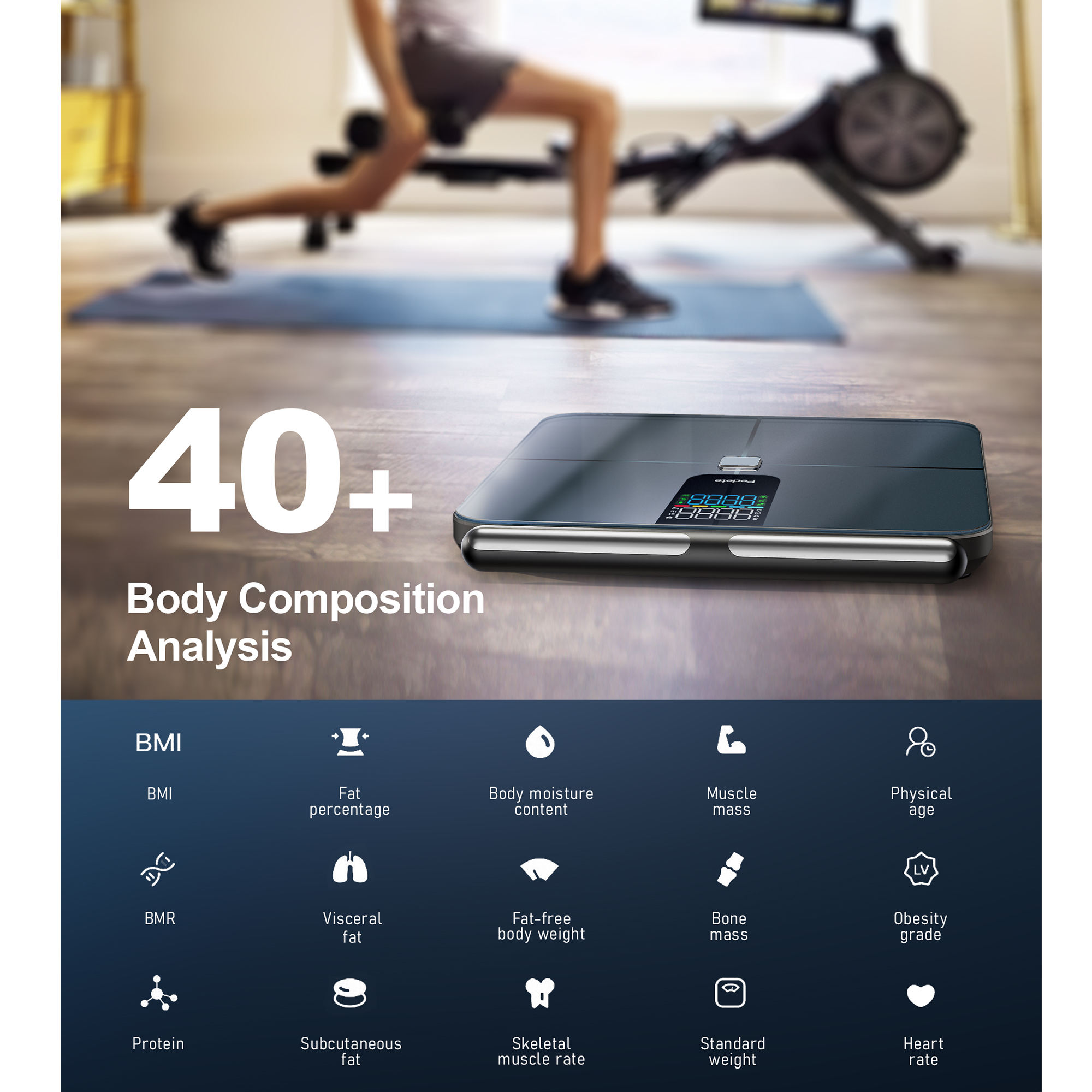 Das Bild zeigt eine Person beim Training, eine Digitalwaage und Details zur Körperzusammensetzungsanalyse wie BMI und Fettanteil.