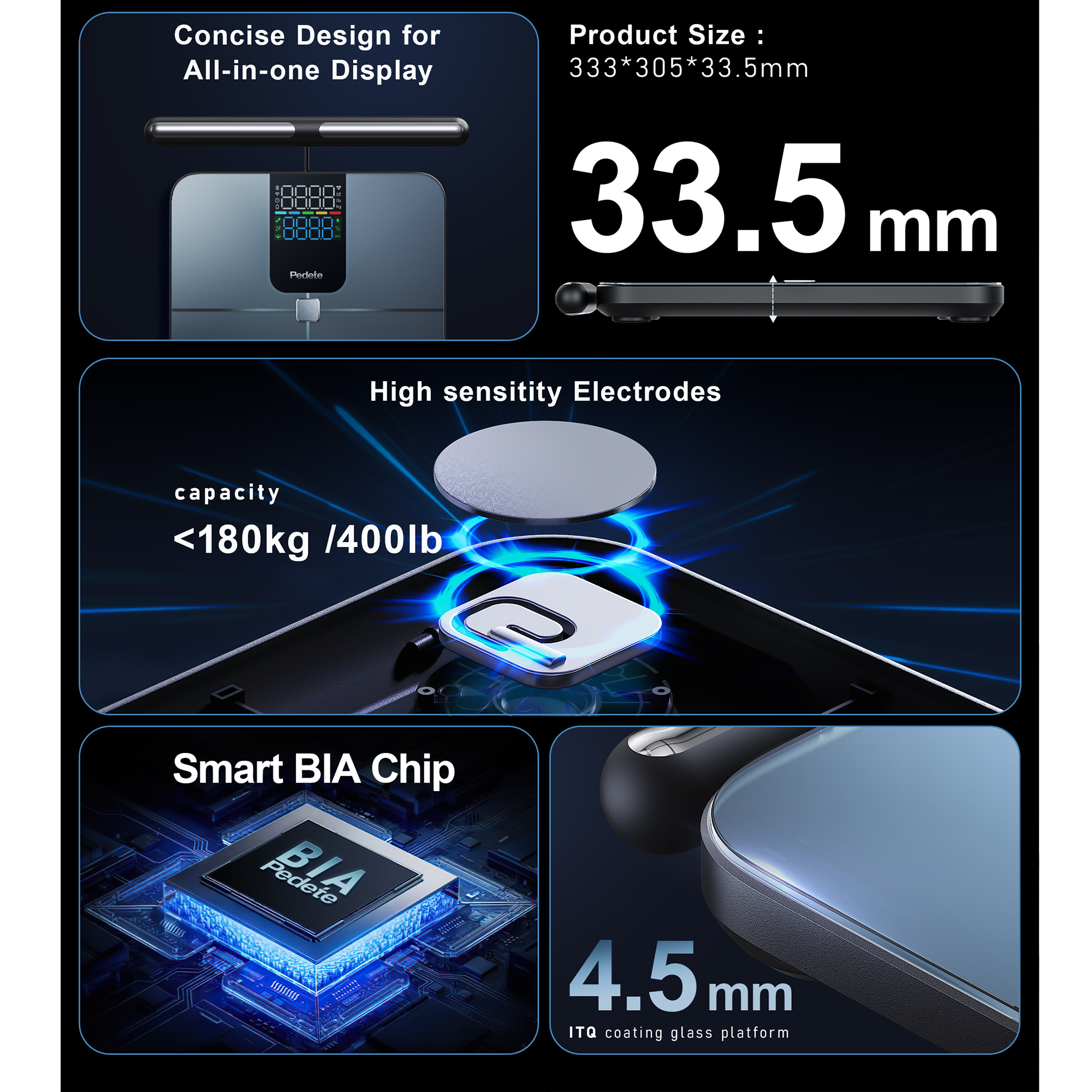 Eine Illustration zeigt eine Waage mit Textbeschriftungen für Funktionen wie Display, Elektroden und Smart-Chip.