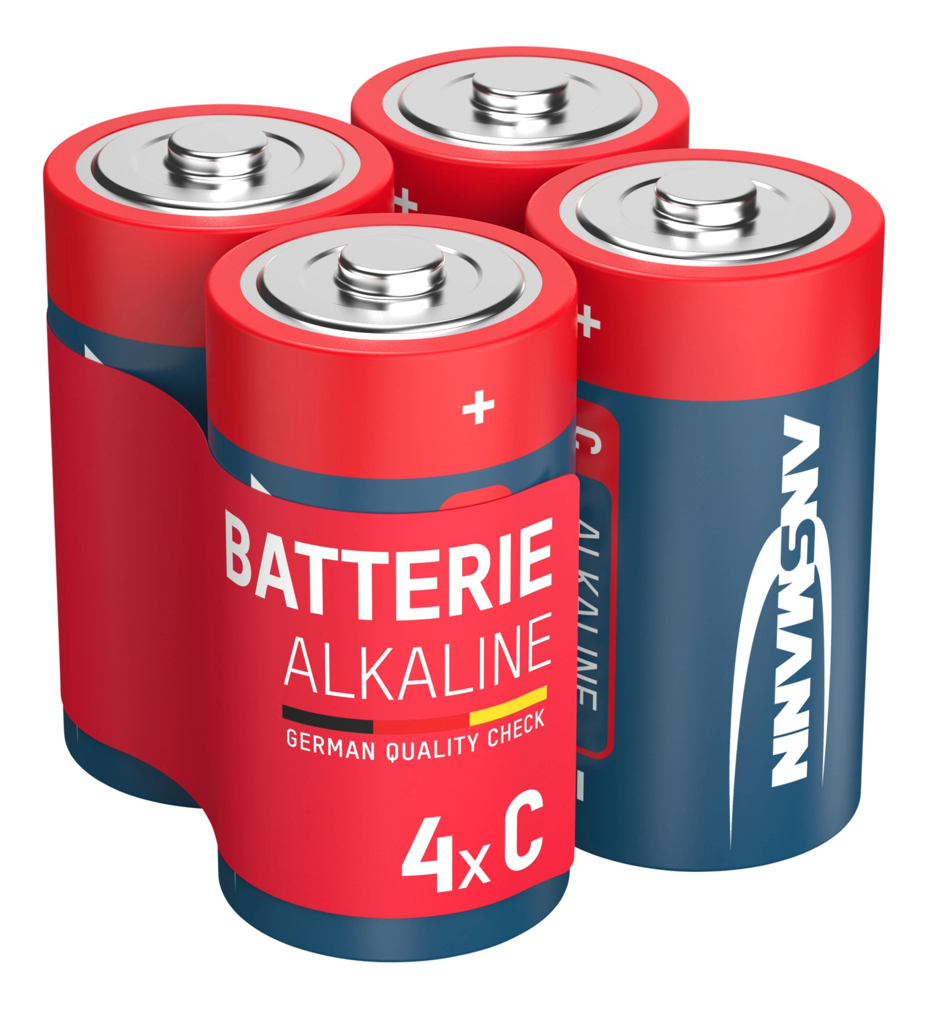 Cztery baterie C z czerwonymi i niebieskimi etykietami. Tekst brzmi 'Batterie Alkaline' i '4x C'. Srebrne wierzchy, białe tło.