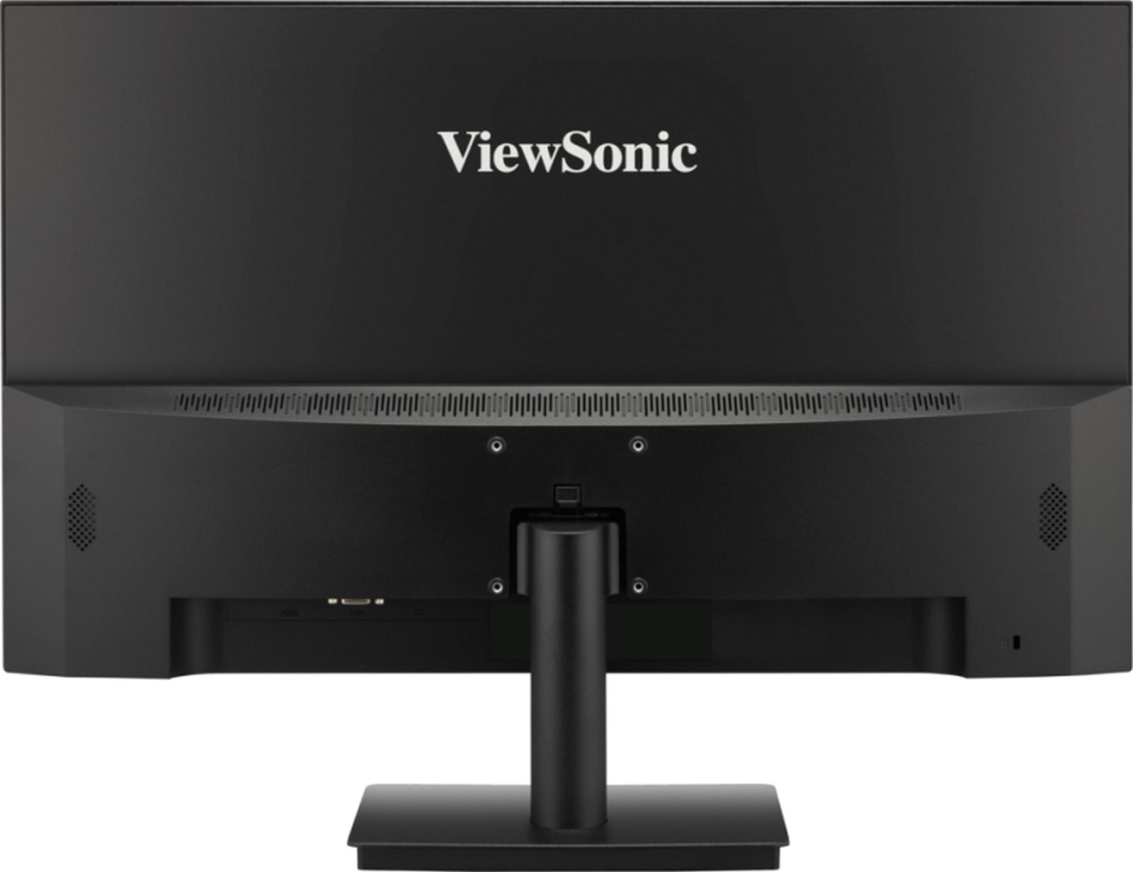 Czarny monitor ViewSonic. Ekran jest wyłączony. Ma podstawę, widoczne logo ViewSonic.