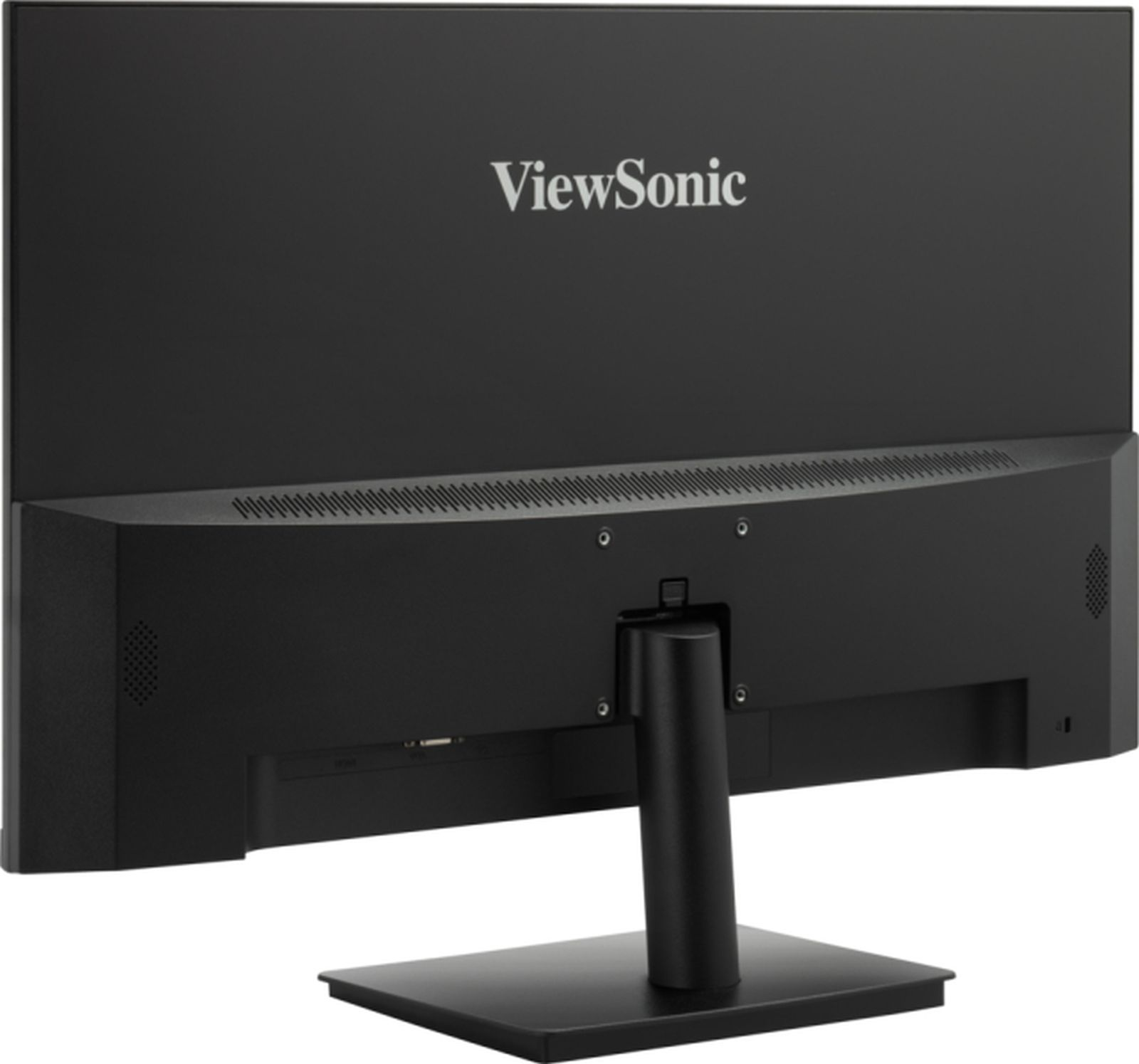 Pokazano tył czarnego monitora ViewSonic. Ma podstawkę, otwory wentylacyjne i logo ViewSonic.