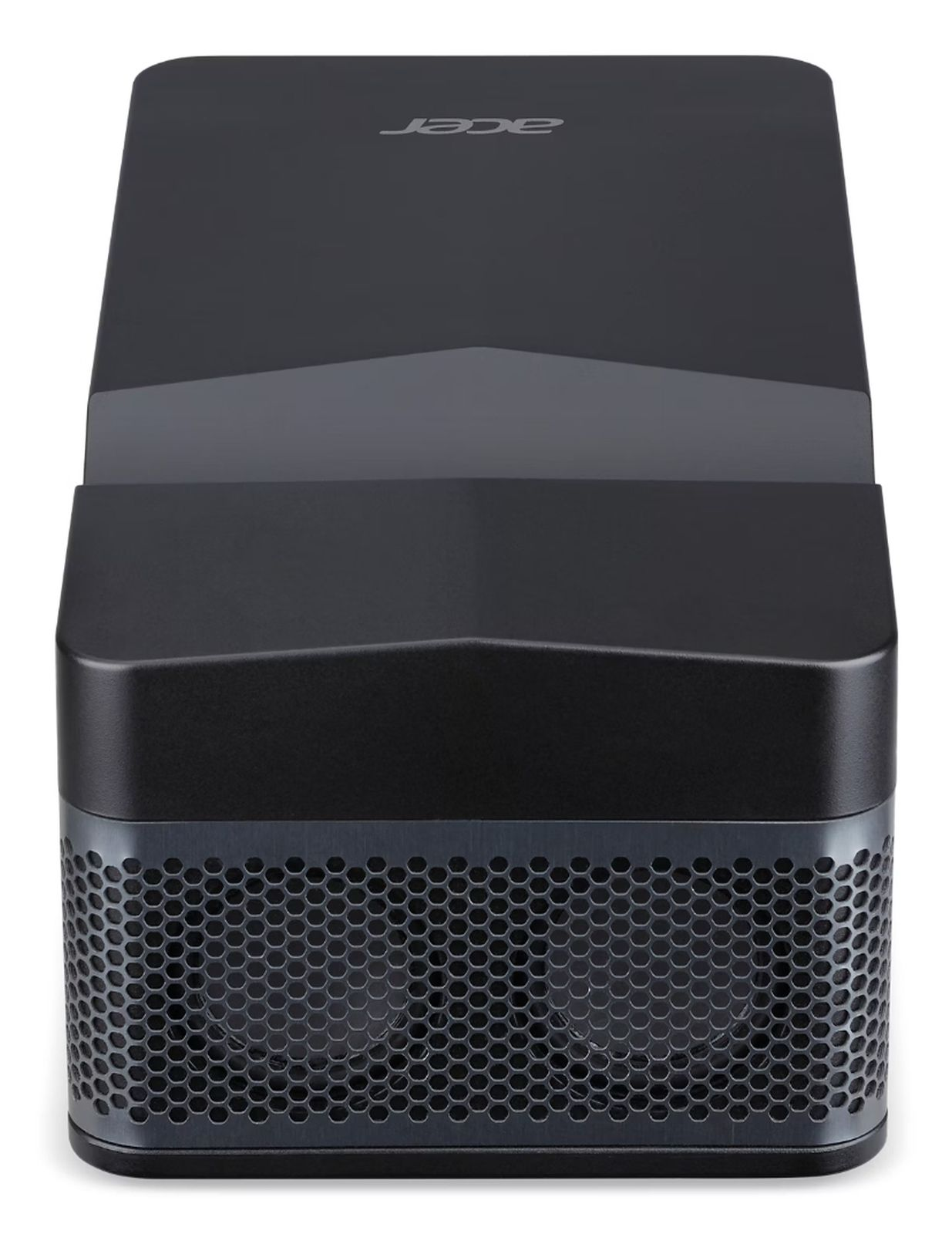 Proyector Acer negro con frontal perforado. La parte superior tiene el logo de Acer. El diseño es elegante y moderno.