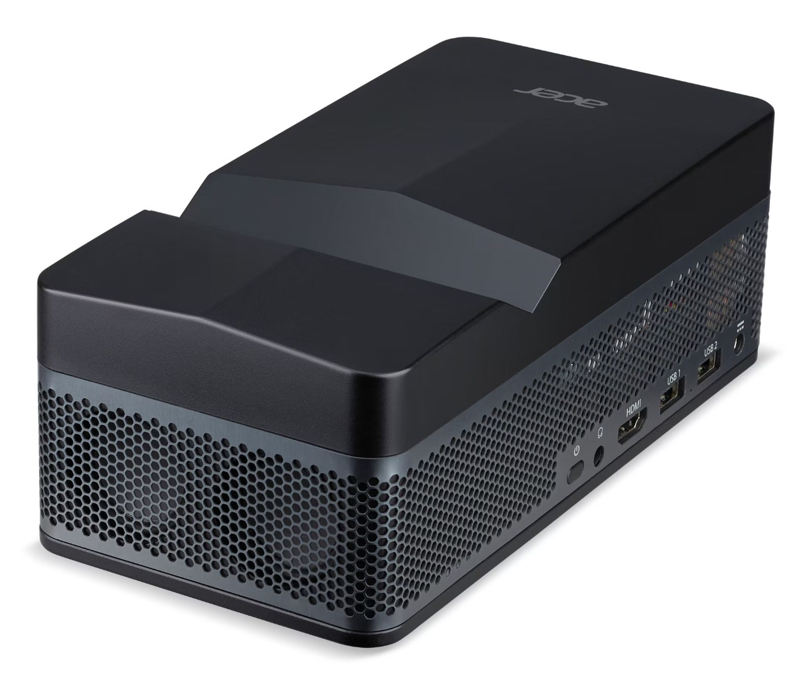 Un proyector Acer negro. Tiene una parte frontal de malla, con puertos HDMI y USB. El logo de Acer es visible en la parte superior.