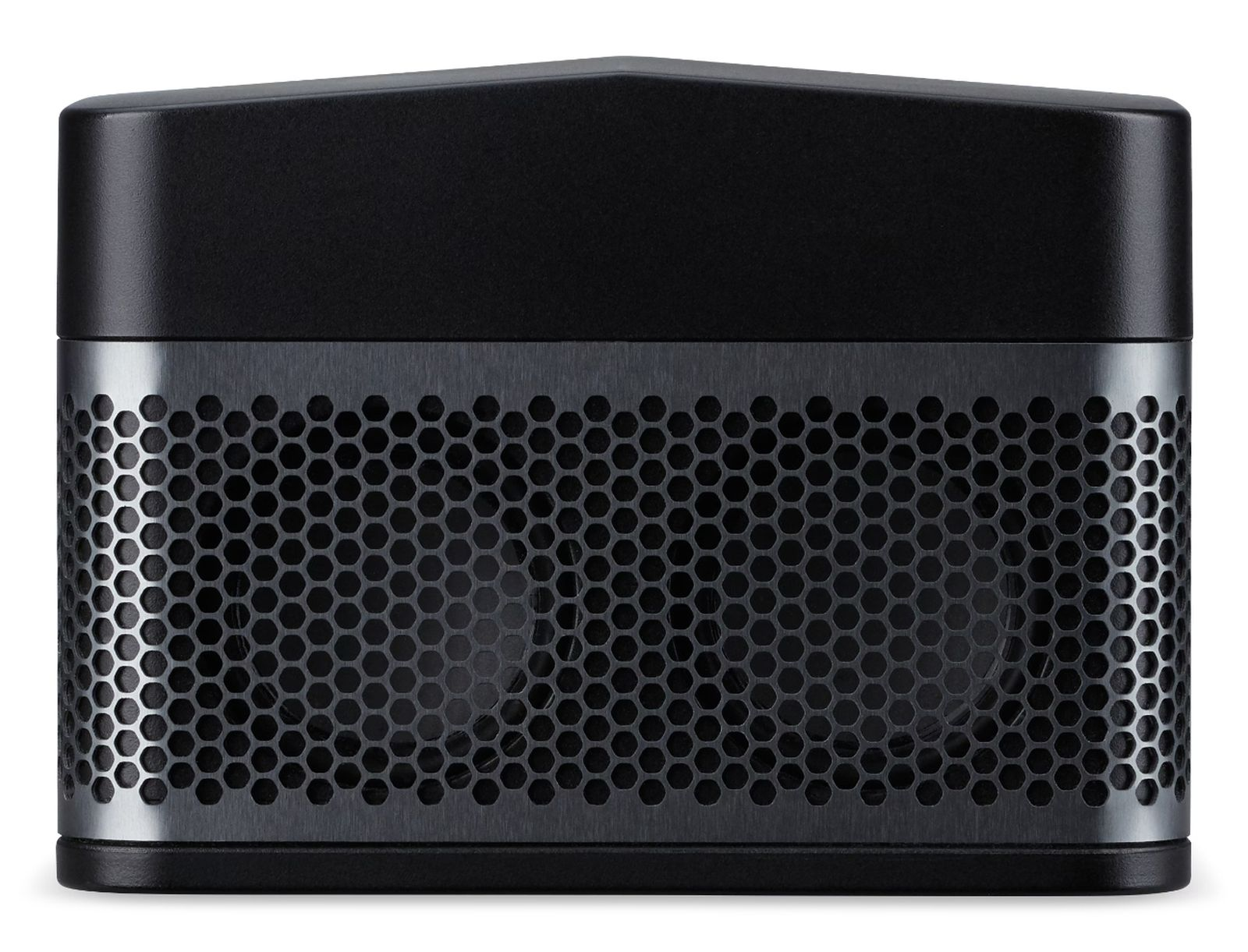 Un dispositivo rectangular negro con una parte frontal de metal perforado. Tiene una parte superior triangular y un acabado negro liso.