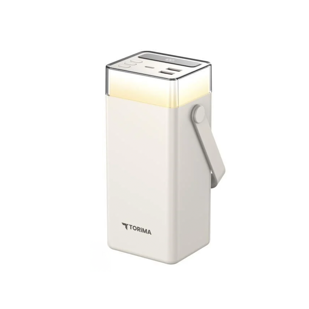 Beyaz bir Torima powerbank, tutacağı var. Şeffaf bir üst kısmı ve bağlantı noktaları var. Tabanında marka logosu bulunuyor.