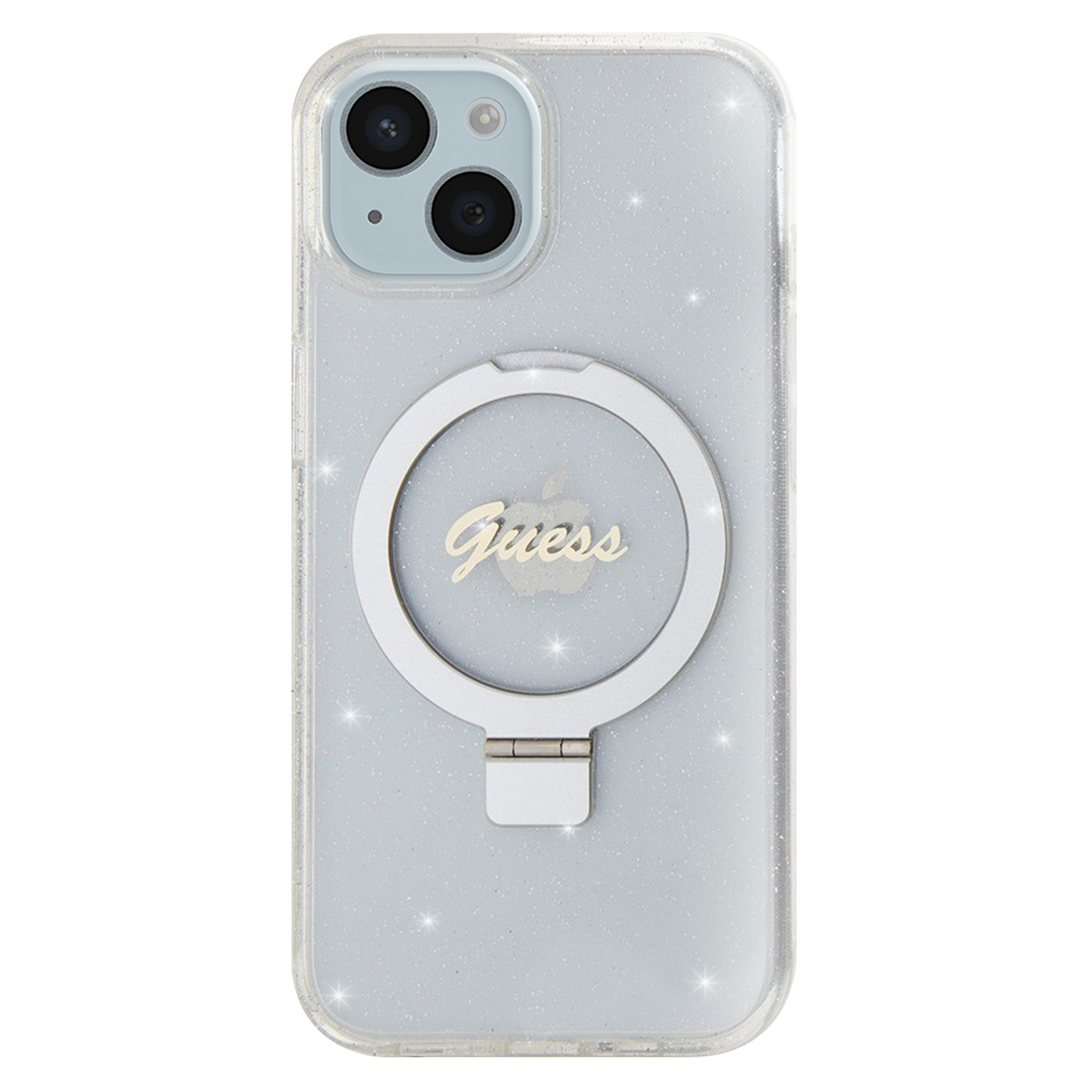 Una custodia per telefono con un anello di supporto argentato. La custodia ha una finitura glitterata. Il logo Guess è visibile.