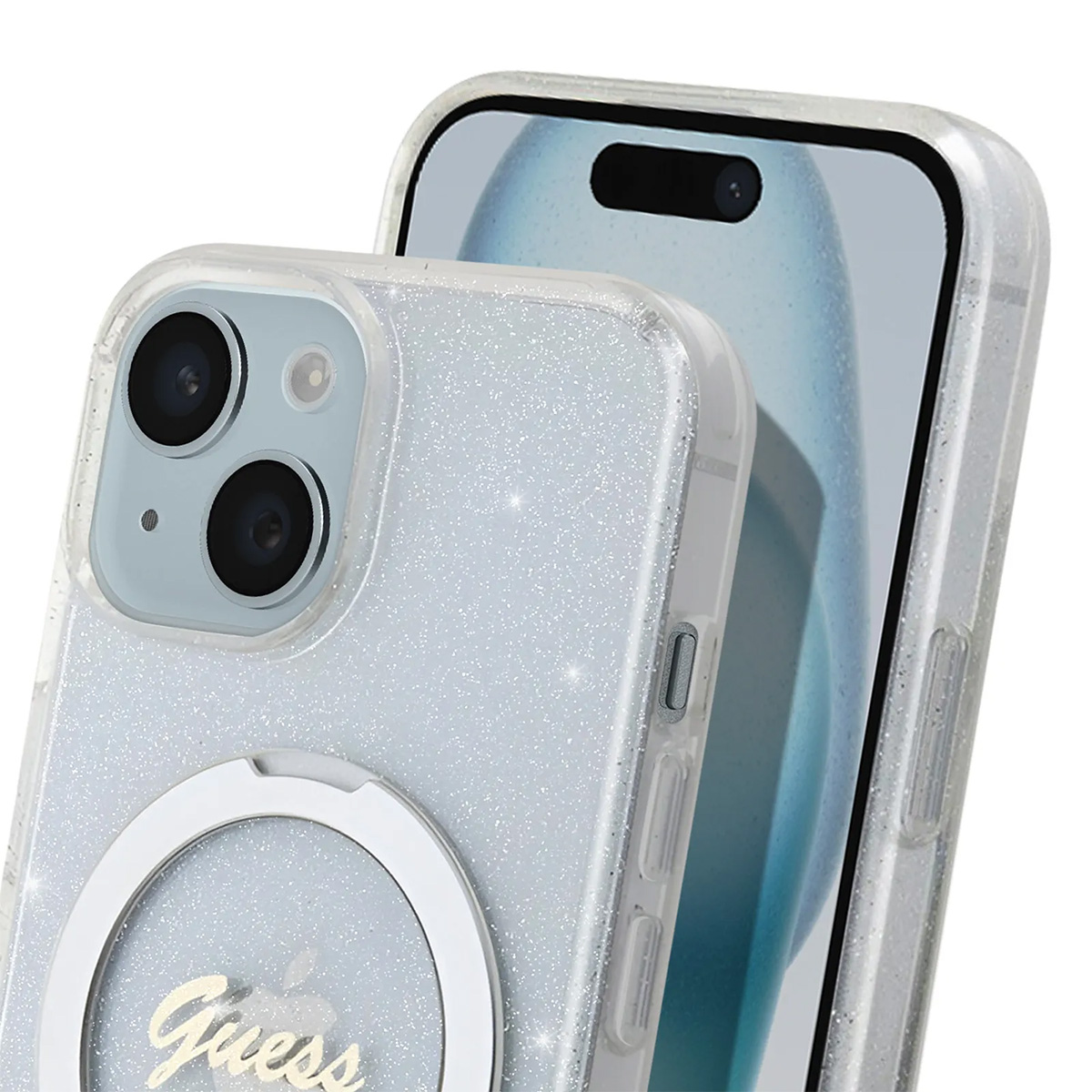 Primo piano di due telefoni con custodie scintillanti. Un telefono è a fuoco, l'altro sfocato. La custodia ha 'Guess' e un logo a forma di mela.