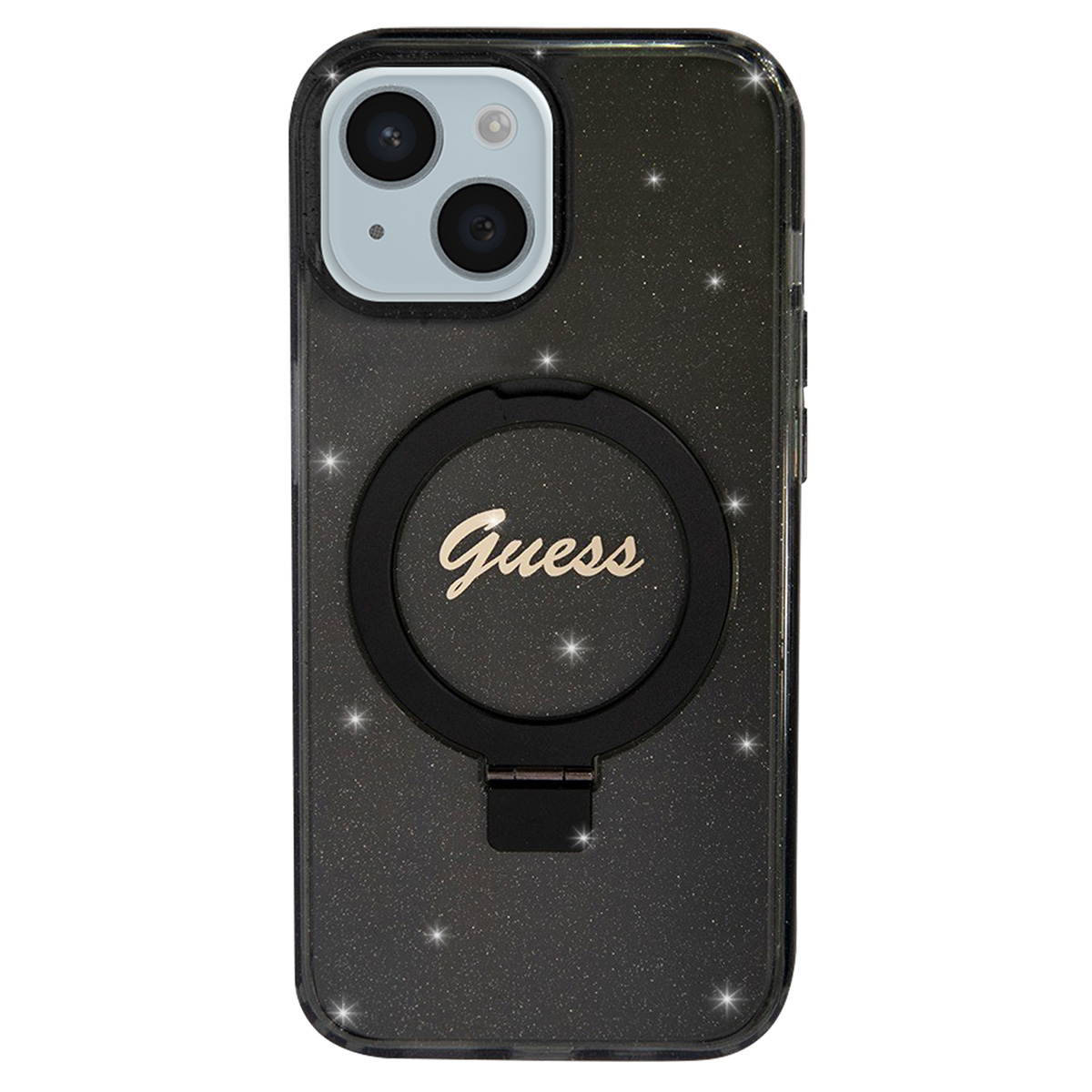 Custodia per telefono nera con logo Guess. Ha un anello e brillantini. Il telefono ha due fotocamere.