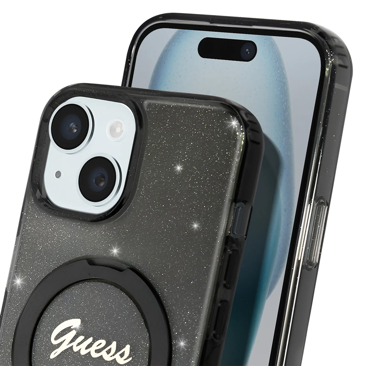 Primo piano di un telefono in una custodia Guess nera glitterata. Il telefono è visibile dietro la custodia. La custodia ha un anello.