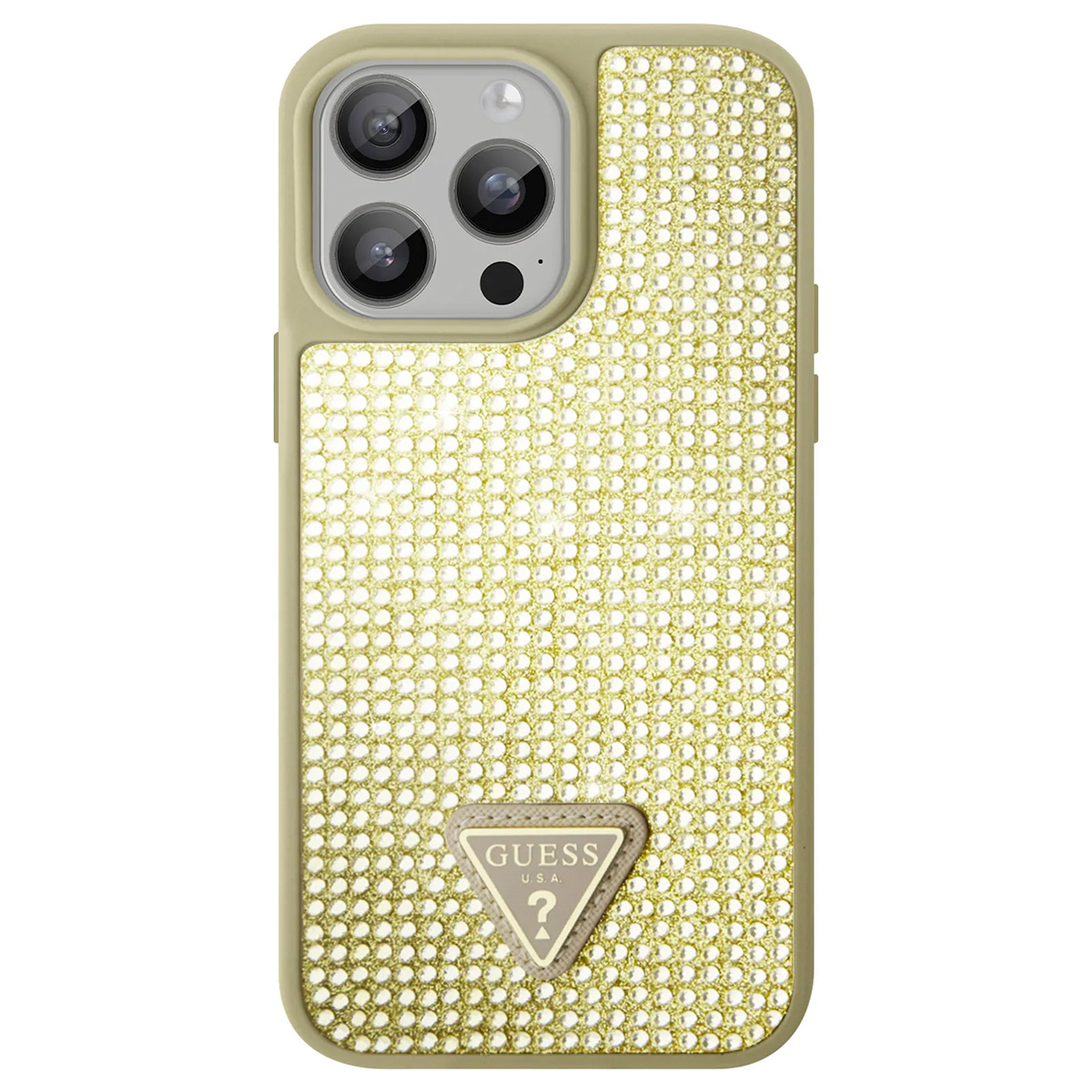 Una custodia per telefono con modulo fotocamera. La custodia ha un design glitterato giallo-oro e il logo Guess.