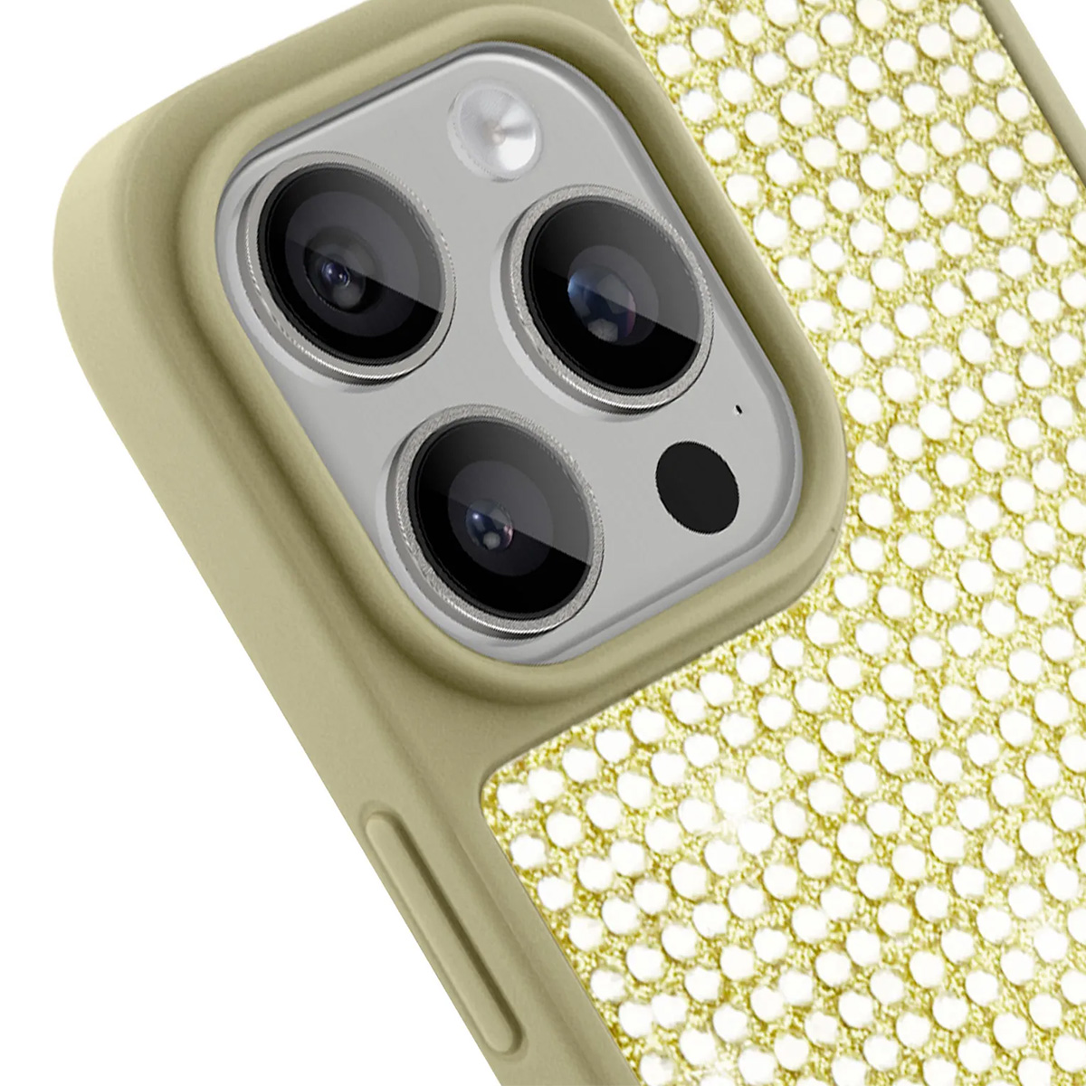 Primo piano del modulo fotocamera di un telefono con più lenti e una custodia dorata decorativa e scintillante.