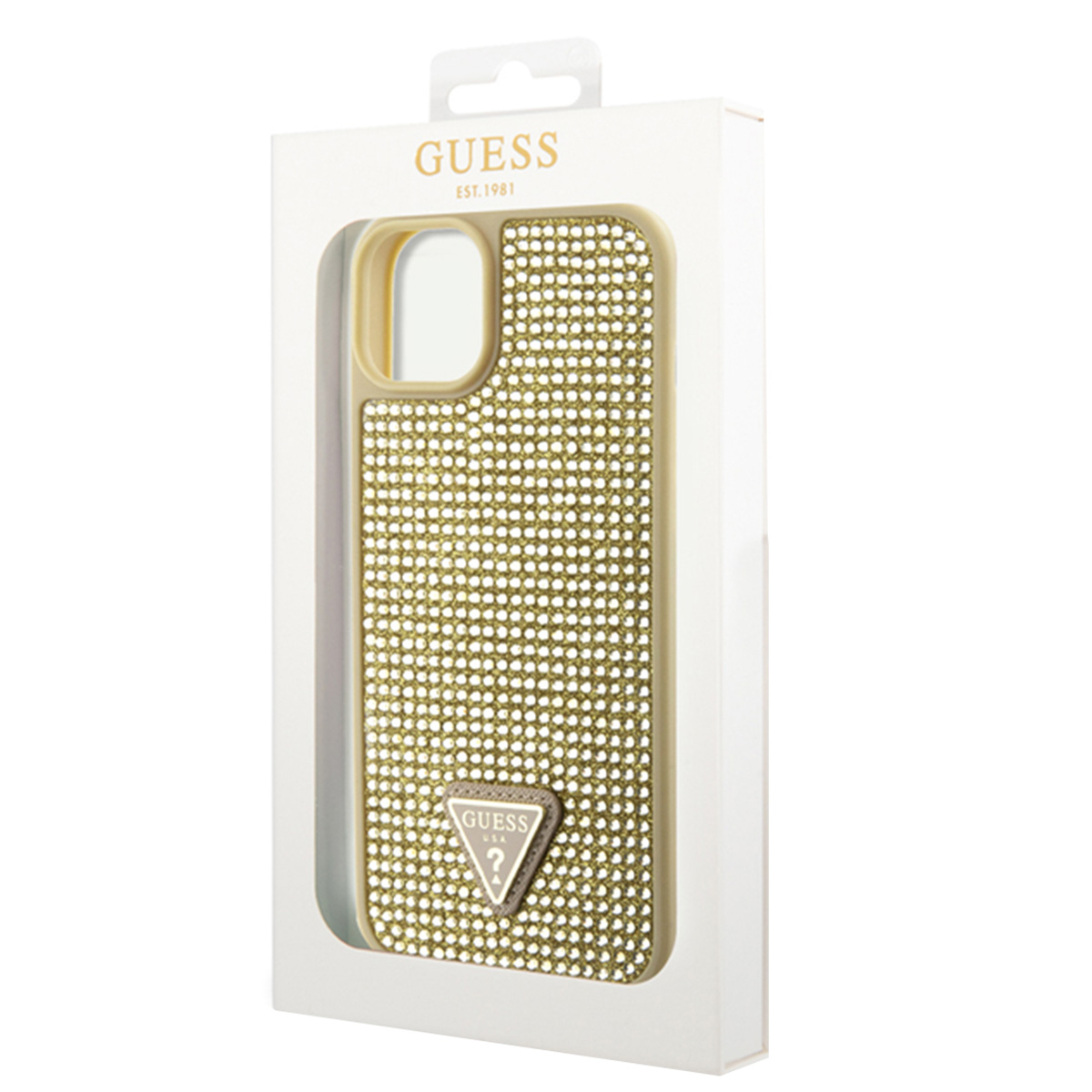 Una custodia per telefono Guess in una scatola bianca. La custodia è dorata con molti piccoli cristalli. Il logo Guess è visibile.
