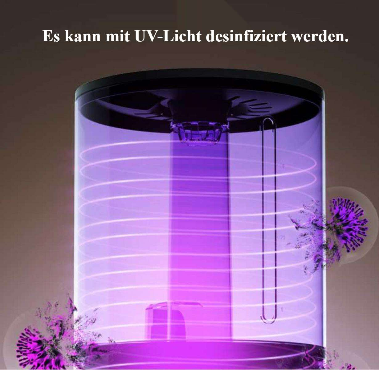 Ein Gerät mit UV-Licht desinfiziert. Violettes Licht wird vom Gerät emittiert. Lila und weiße Linien. Lila Keime um das Gerät.
