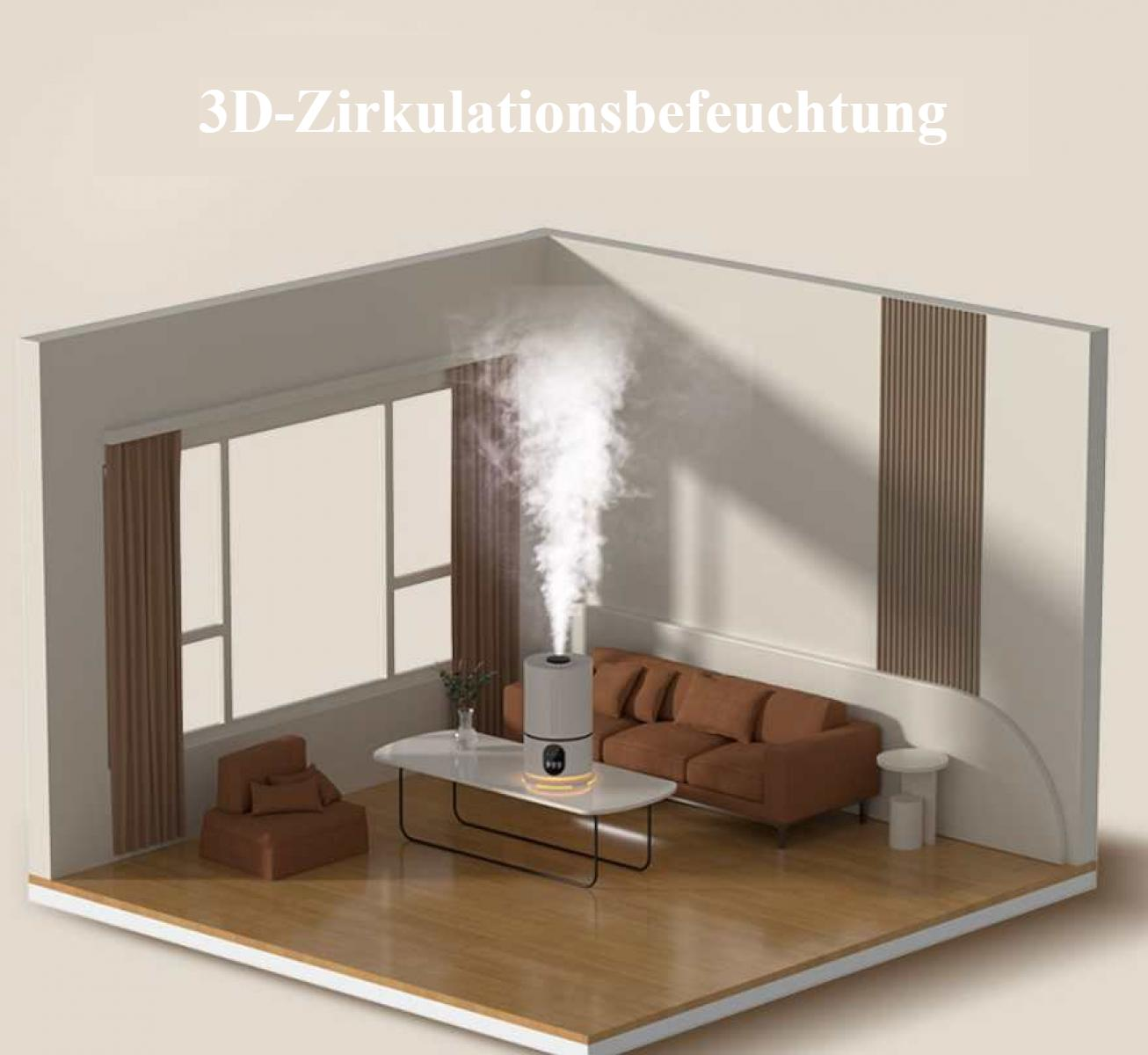 Ein Raum mit einem Luftbefeuchter, der Dampf abgibt. Ein braunes Sofa, ein Stuhl und ein weißer Couchtisch sind vorhanden. Der Hintergrund ist cremefarben.