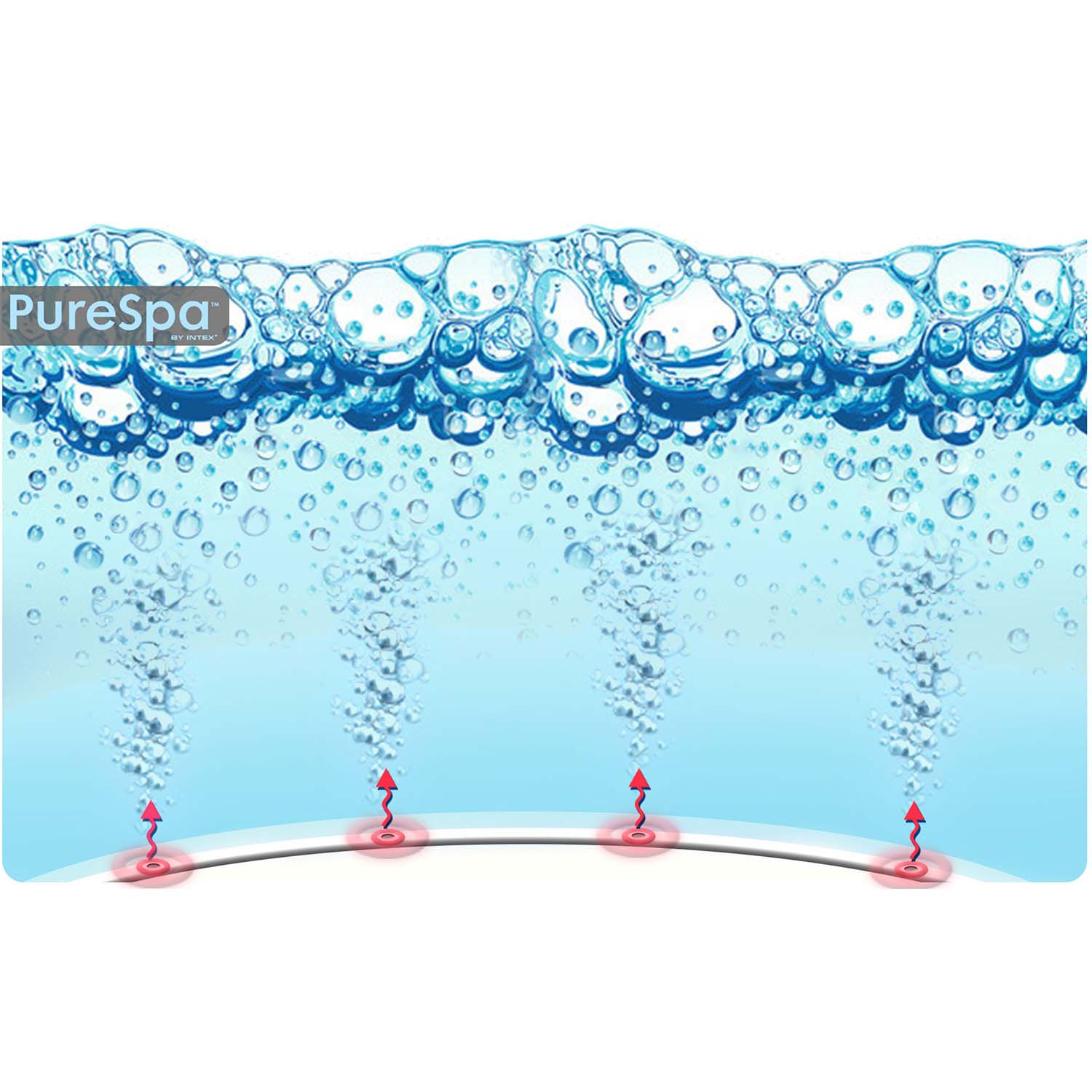 Obrazek przedstawia bąbelki wznoszące się z dysz. Logo PureSpa znajduje się w lewym górnym rogu. Bąbelki w tle. Czerwone strzałki wskazują dysze.