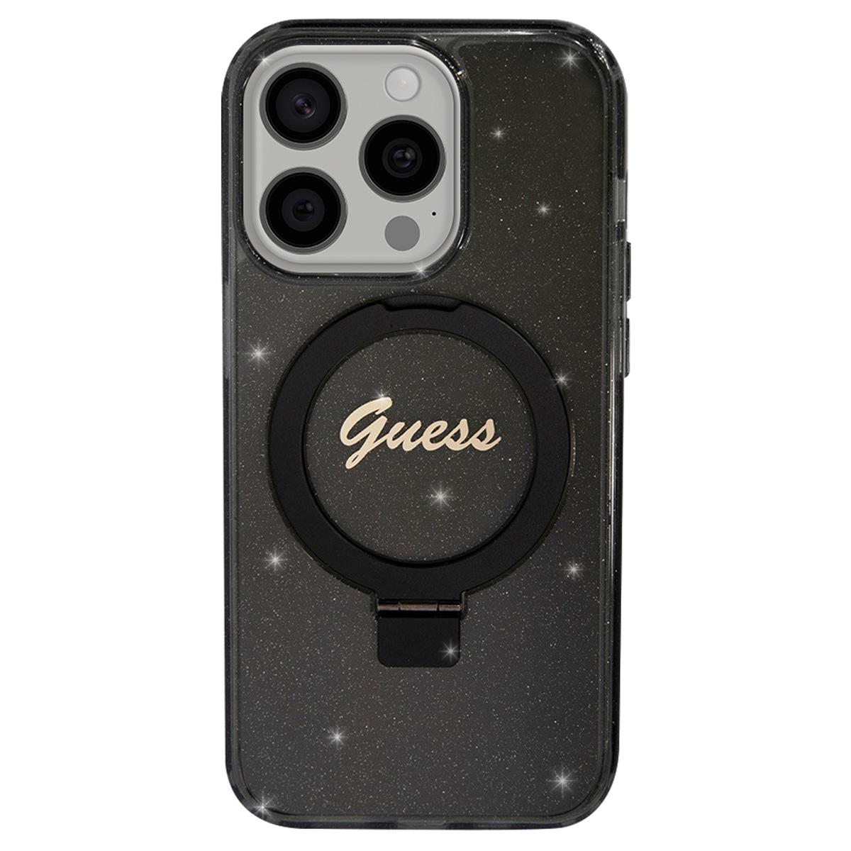 Una custodia per telefono con un design nero glitterato. Ha un anello di supporto con il logo Guess. La custodia ha un ritaglio per la fotocamera.