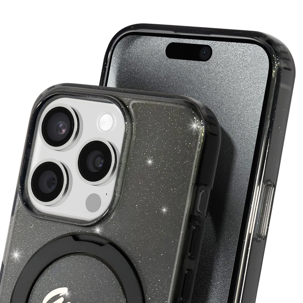 Primo piano di un telefono in una custodia glitterata. La custodia ha un anello magnetico e le lenti della fotocamera del telefono sono visibili.