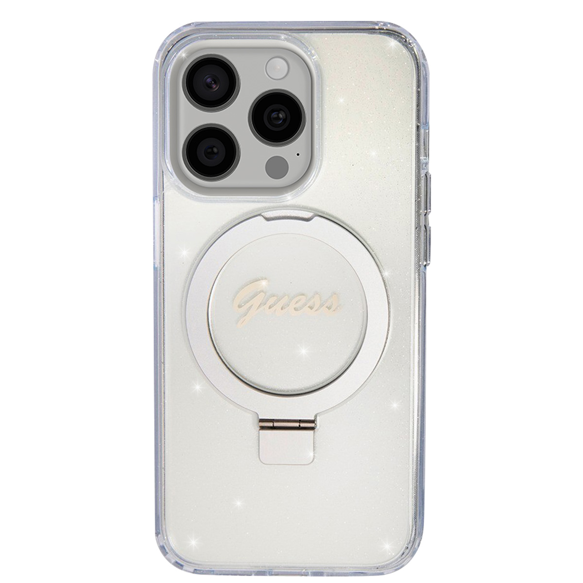 Custodia trasparente per telefono con anello con logo Guess. Sono visibili tre obiettivi e un flash.