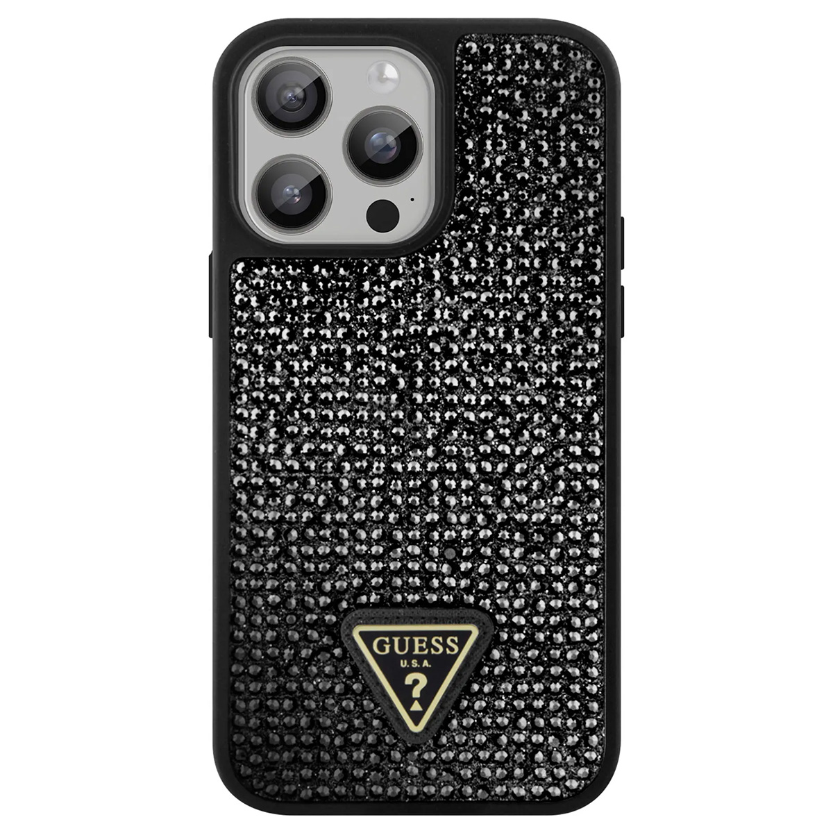 Custodia per telefono nera con logo Guess. Ha una superficie scintillante, una cornice nera e una sezione fotocamera.