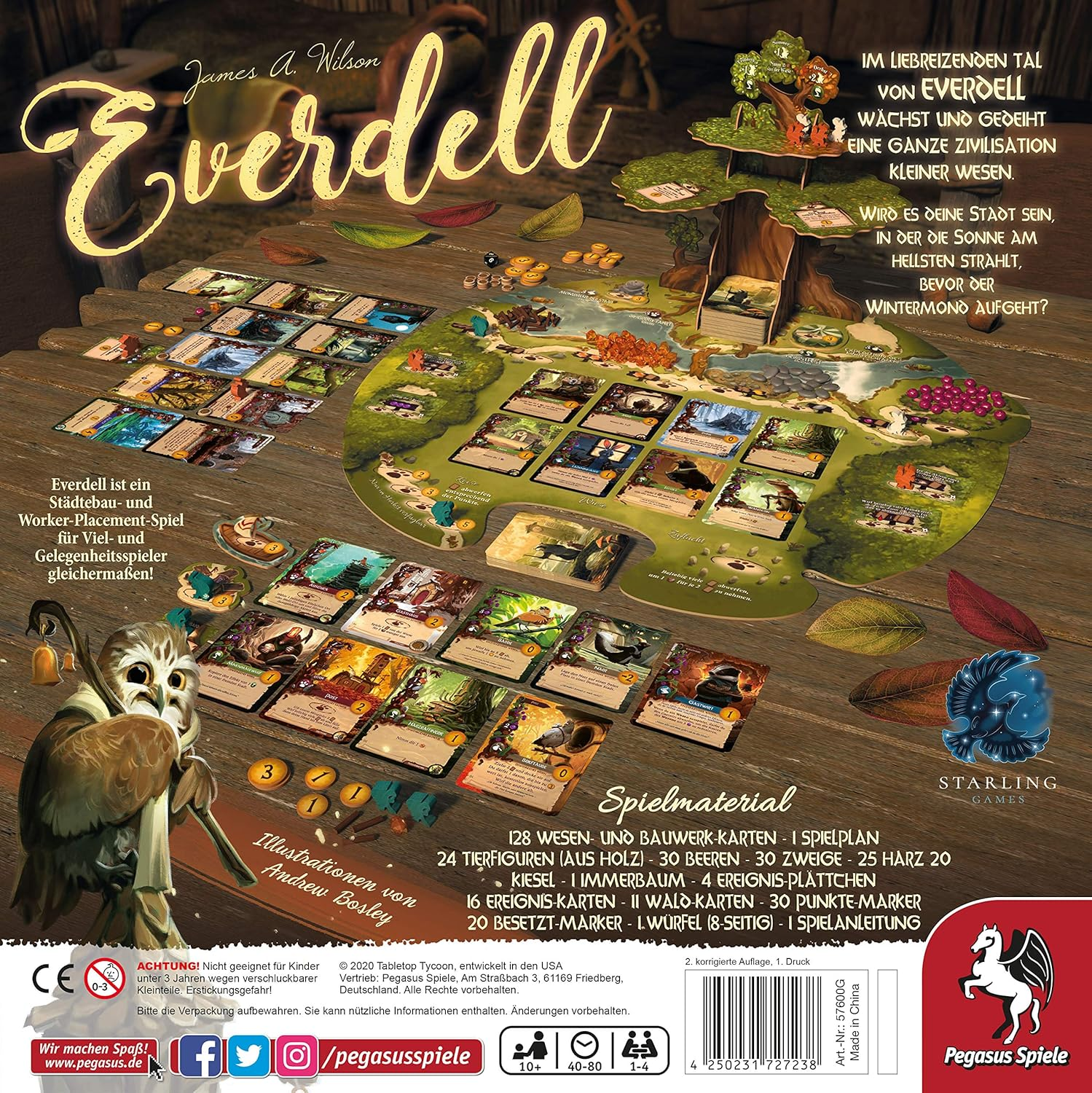 Brettspiel Everdell. Enthält Karten, Baum, Eule, Beeren und Holzstücke.