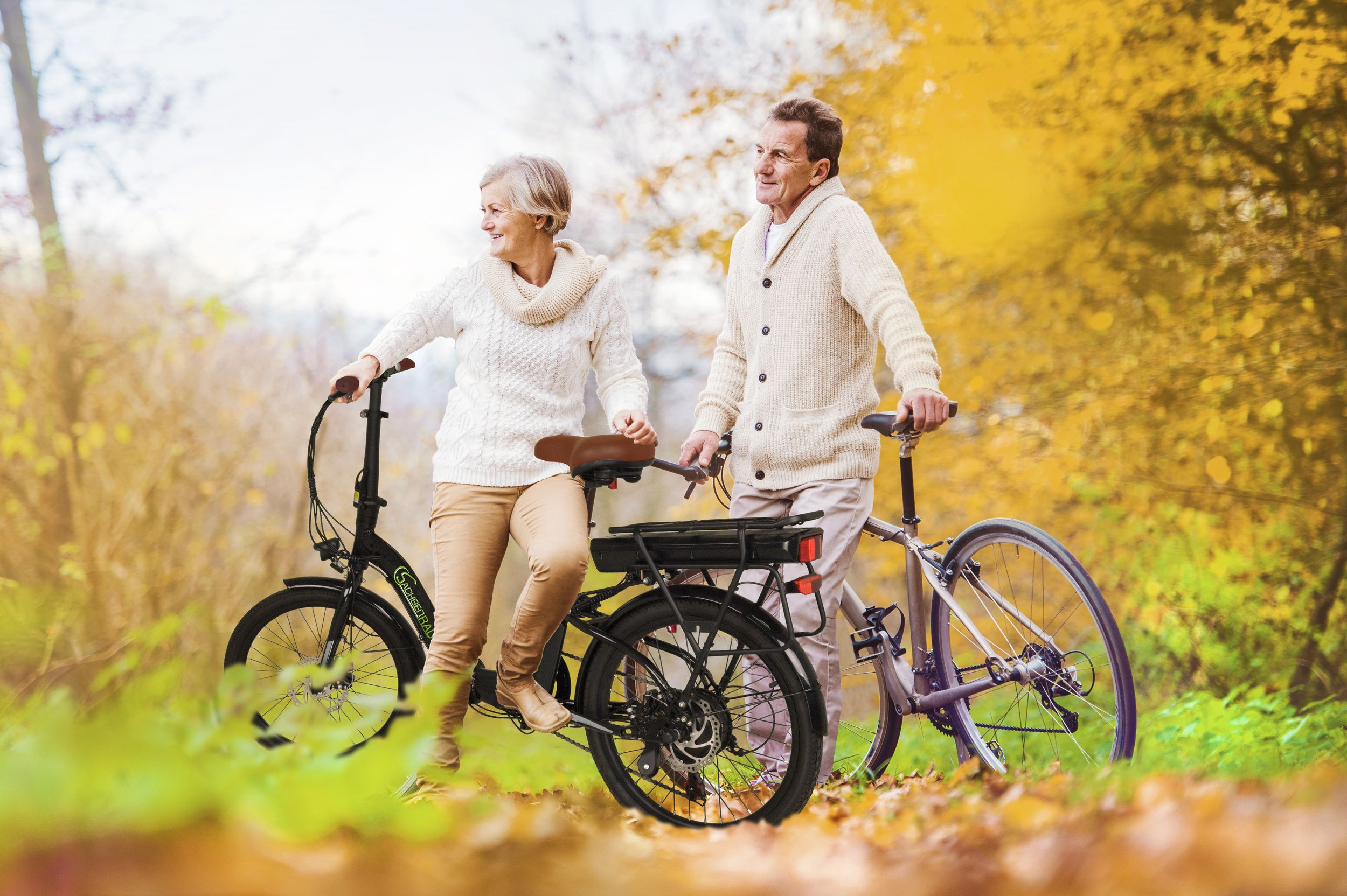 Ein älteres Paar mit Fahrrädern in einem Park. Die Frau sitzt auf einem schwarzen Fahrrad, der Mann lehnt sich an ein silbernes, Herbstlaub.